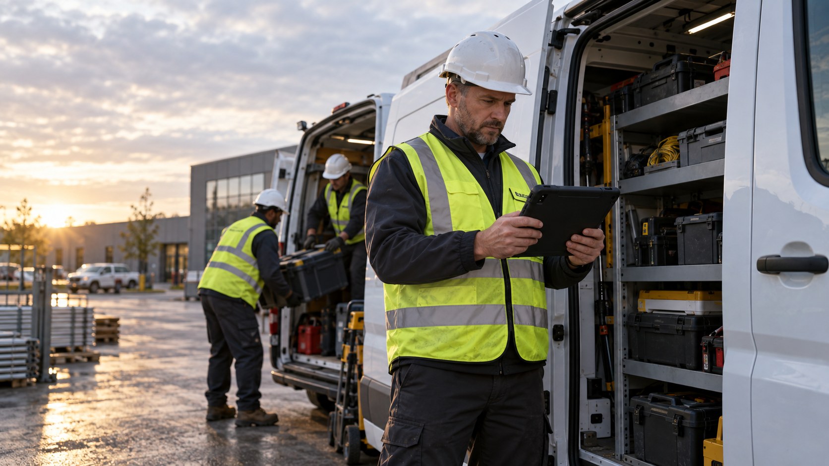 A field service crew leader in a hard hat and hi-vis vest standing at the open side door of a white work van, reading the day's work on a rugged tablet, shelved tool cases racked behind him and two crew members loading equipment from a second van, low sun over a commercial building in the background.