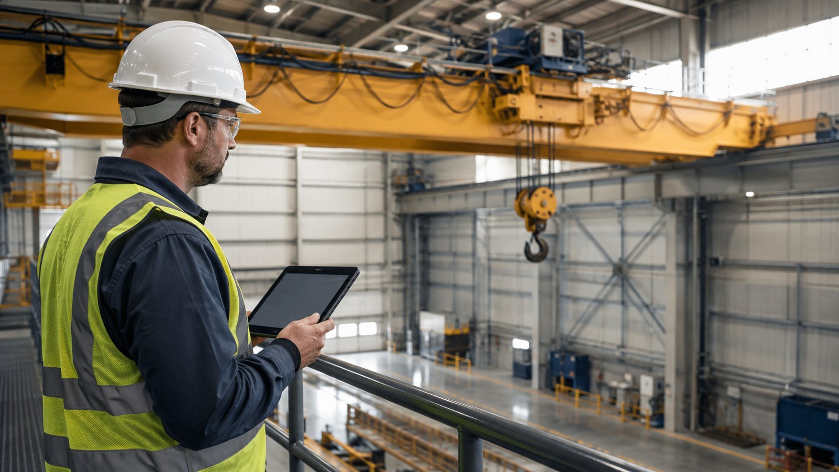 A crane service technician in a hard hat and hi-vis vest standing on an industrial mezzanine walkway, holding a tablet to record an inspection, with an overhead bridge crane spanning the bay behind him.
