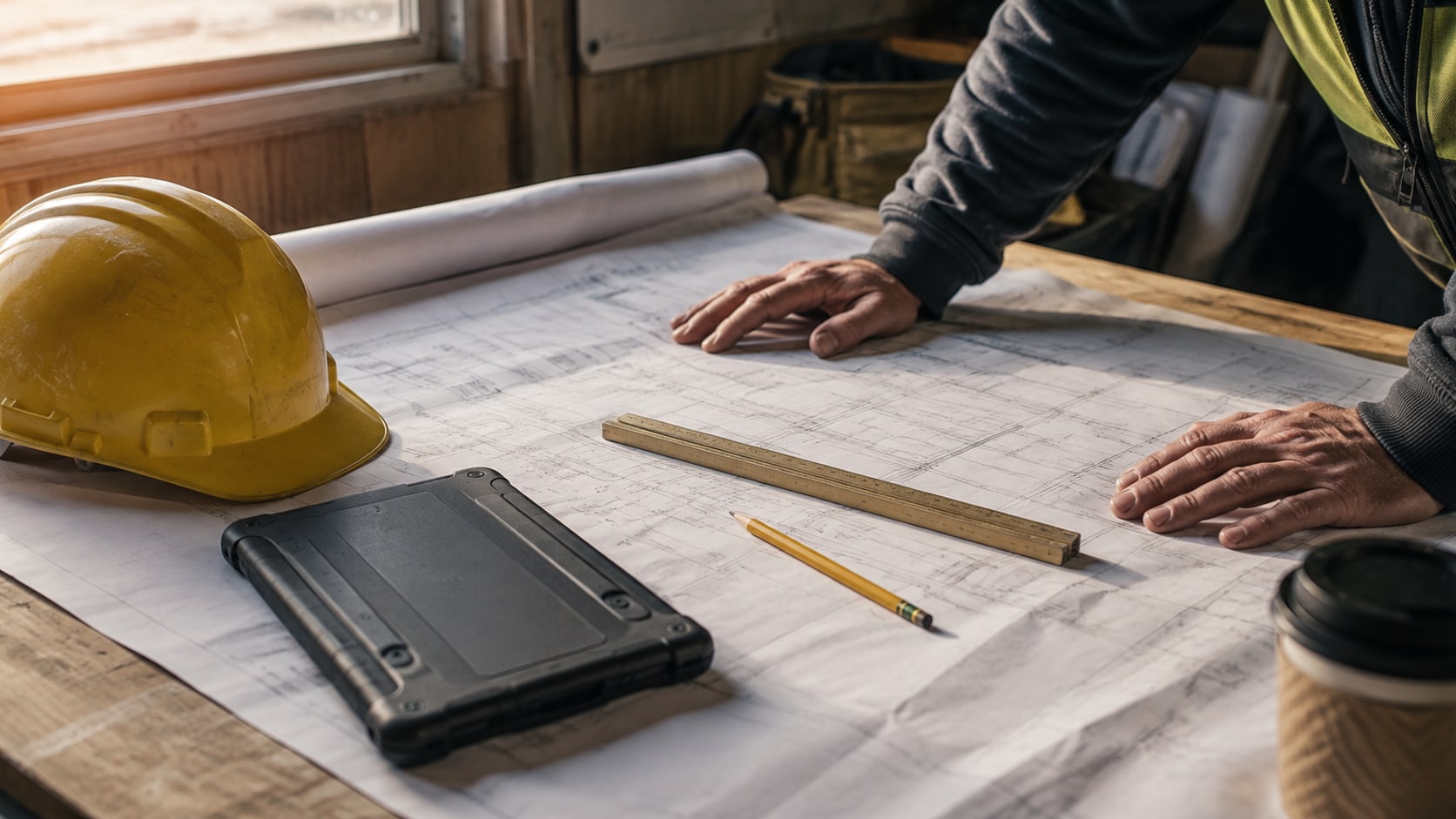 A general contractor in a hard hat and hi-vis vest showing a tablet to the building owner at the open tailgate of a pickup truck on a job site, a rolled set of drawings on the tailgate beside them and a partially framed building behind.