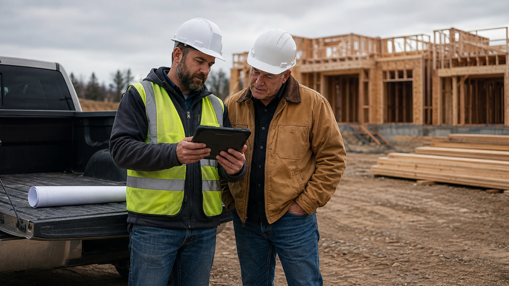 A general contractor in a hard hat and hi-vis vest showing a tablet to the building owner at the open tailgate of a pickup truck on a job site, a rolled set of drawings on the tailgate beside them and a partially framed building behind.