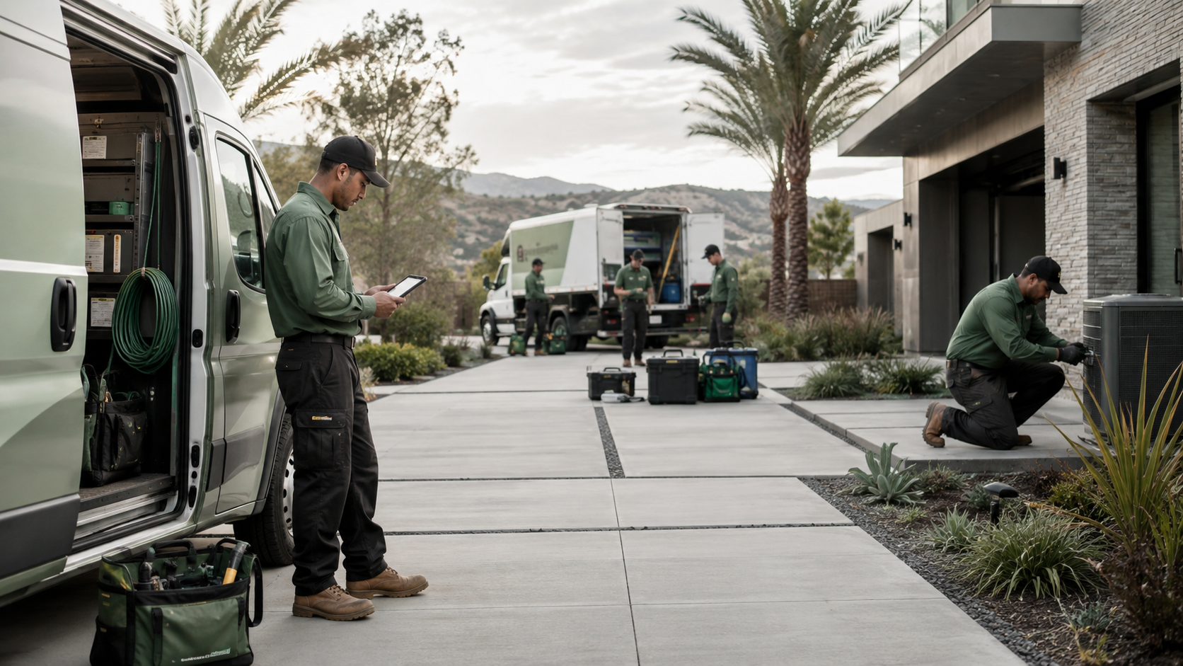 A field-service crew in sage-green uniforms working a residential job: a technician checking a tablet at the open service van, a second truck being unloaded, and a tech servicing an outdoor HVAC unit.