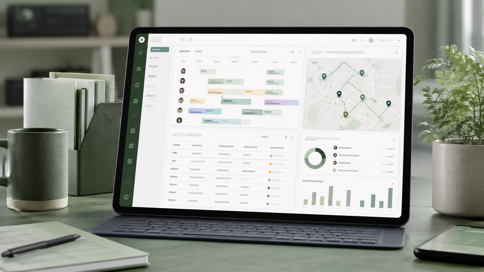 CrewOS marketing hero. The headline reads: Your business has grown up. Have your systems kept up? Beside it, two CrewOS product screens — a project overview with status, financial position and schedule, and a crew members list with compliance and reliability.