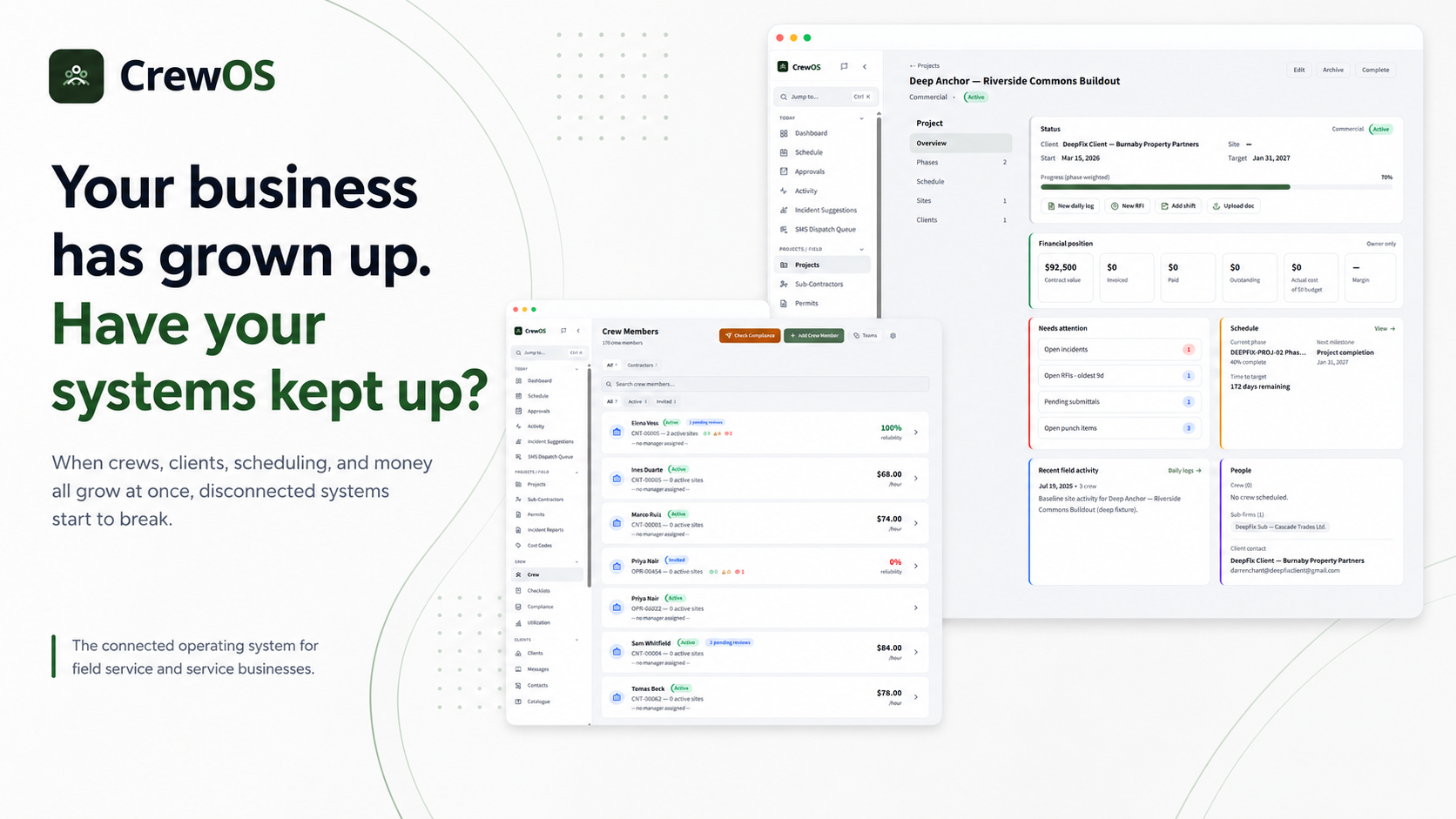 CrewOS marketing hero. The headline reads: Your business has grown up. Have your systems kept up? Beside it, two CrewOS product screens — a project overview with status, financial position and schedule, and a crew members list with compliance and reliability.