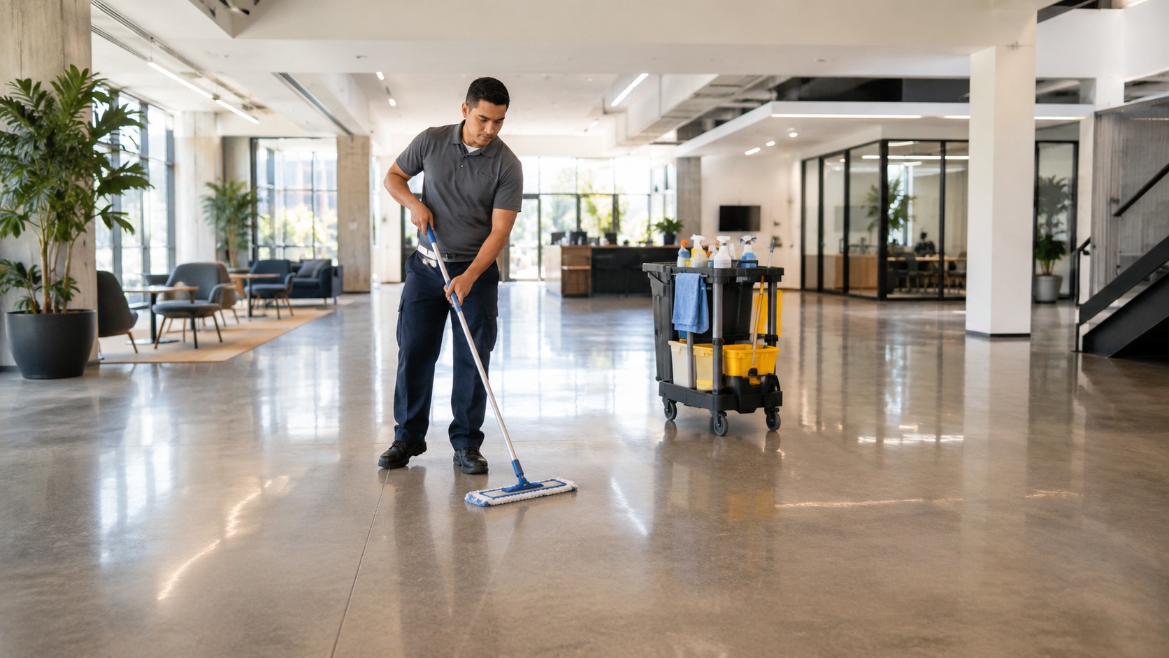 A commercial cleaner mopping the floor of a modern office lobby with a professional cleaning cart beside them