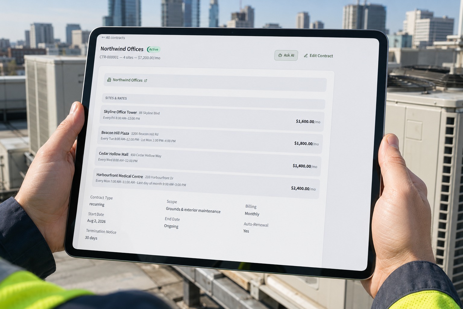 A facilities technician on a commercial rooftop holding a tablet that shows the CrewOS recurring maintenance agreement for a portfolio of buildings, each on its own cadence and rate