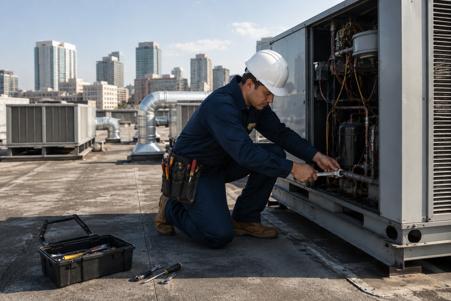 A facilities maintenance technician kneeling with a wrench and a full tool belt, repairing a rooftop HVAC unit on a commercial building, a city skyline behind