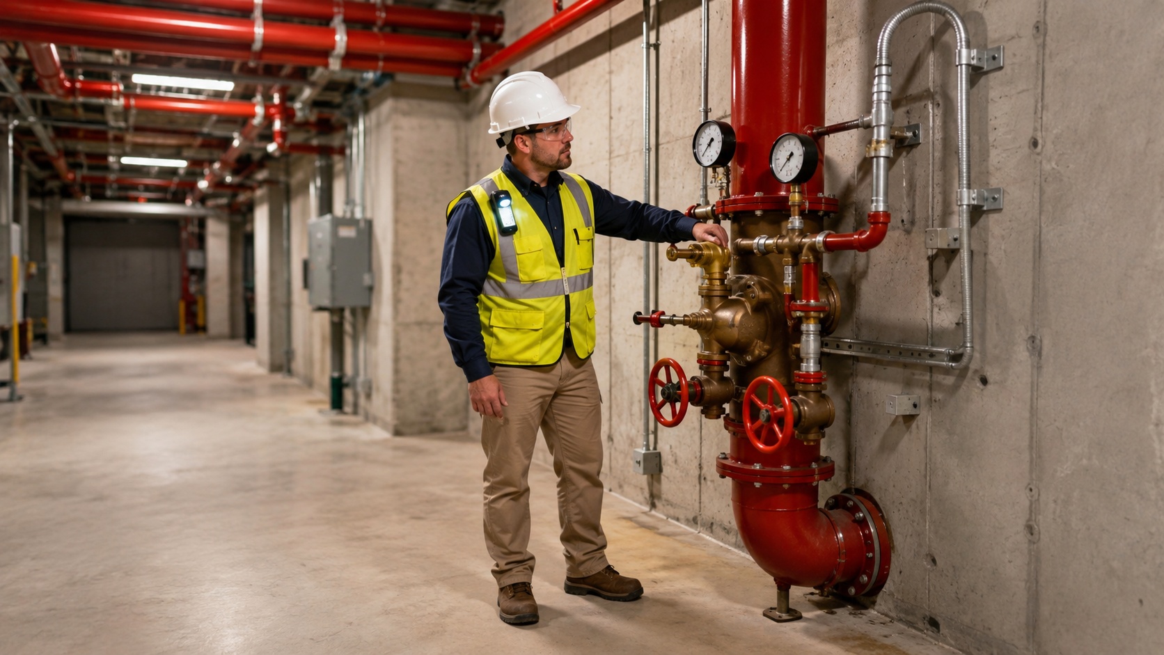 A fire protection inspector in a hi-vis vest checking the gauges and control valves on a red fire sprinkler riser in a building mechanical room