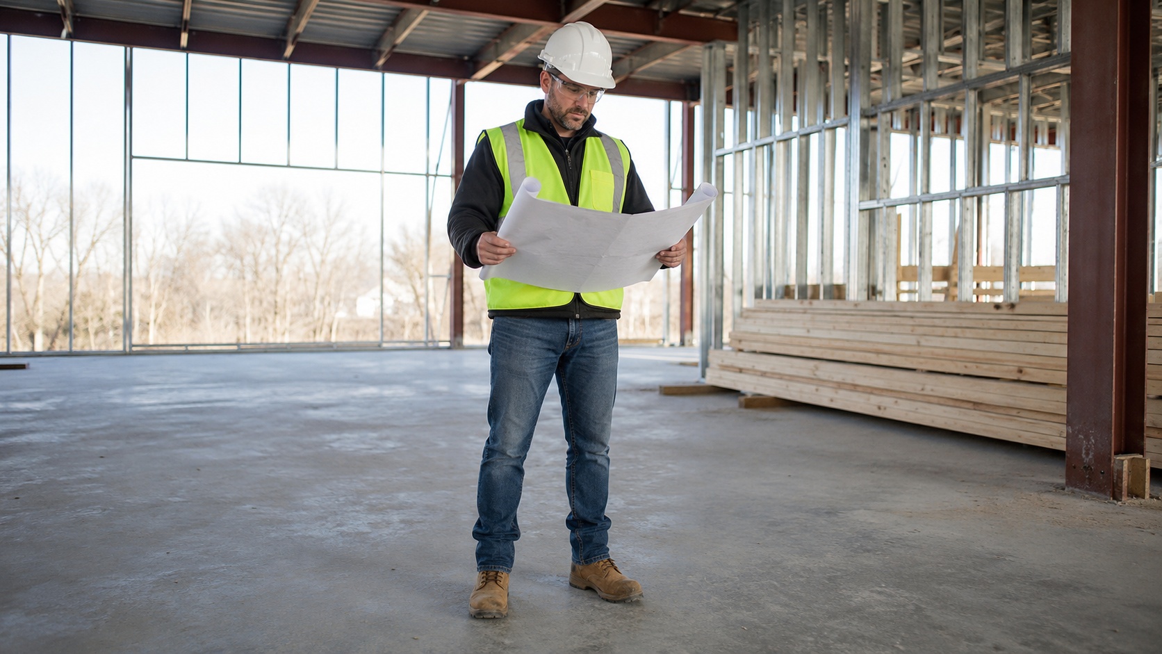 A general contractor in a hard hat and hi-vis vest on an active construction site, checking a set of drawings against the framed structure with a tape measure in hand