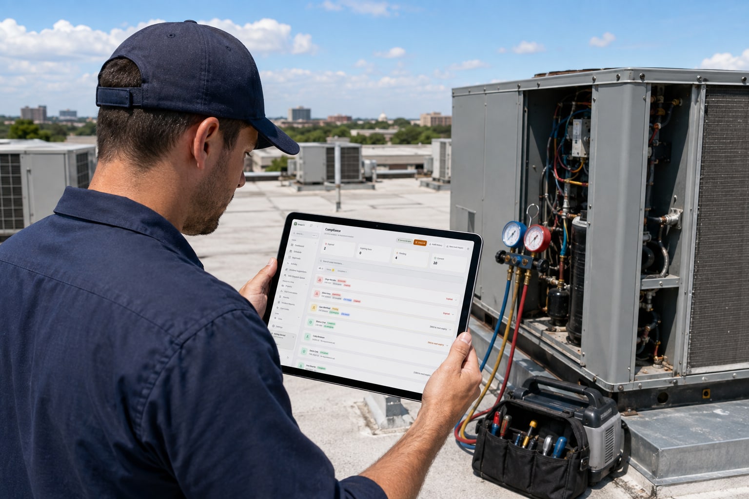 An HVAC technician on a commercial rooftop beside a packaged unit, holding a tablet that shows the CrewOS compliance board tracking each technician's refrigerant certification and its expiry