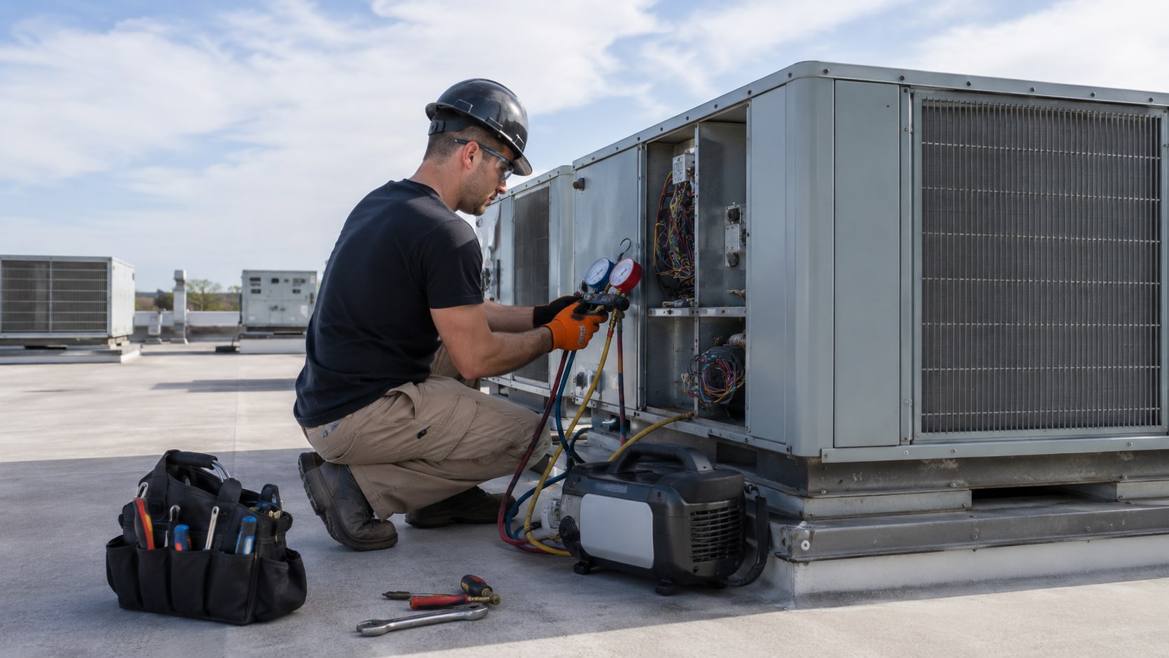 An HVAC technician kneeling at a rooftop packaged unit with a gauge manifold and a recovery machine connected, reading the pressures