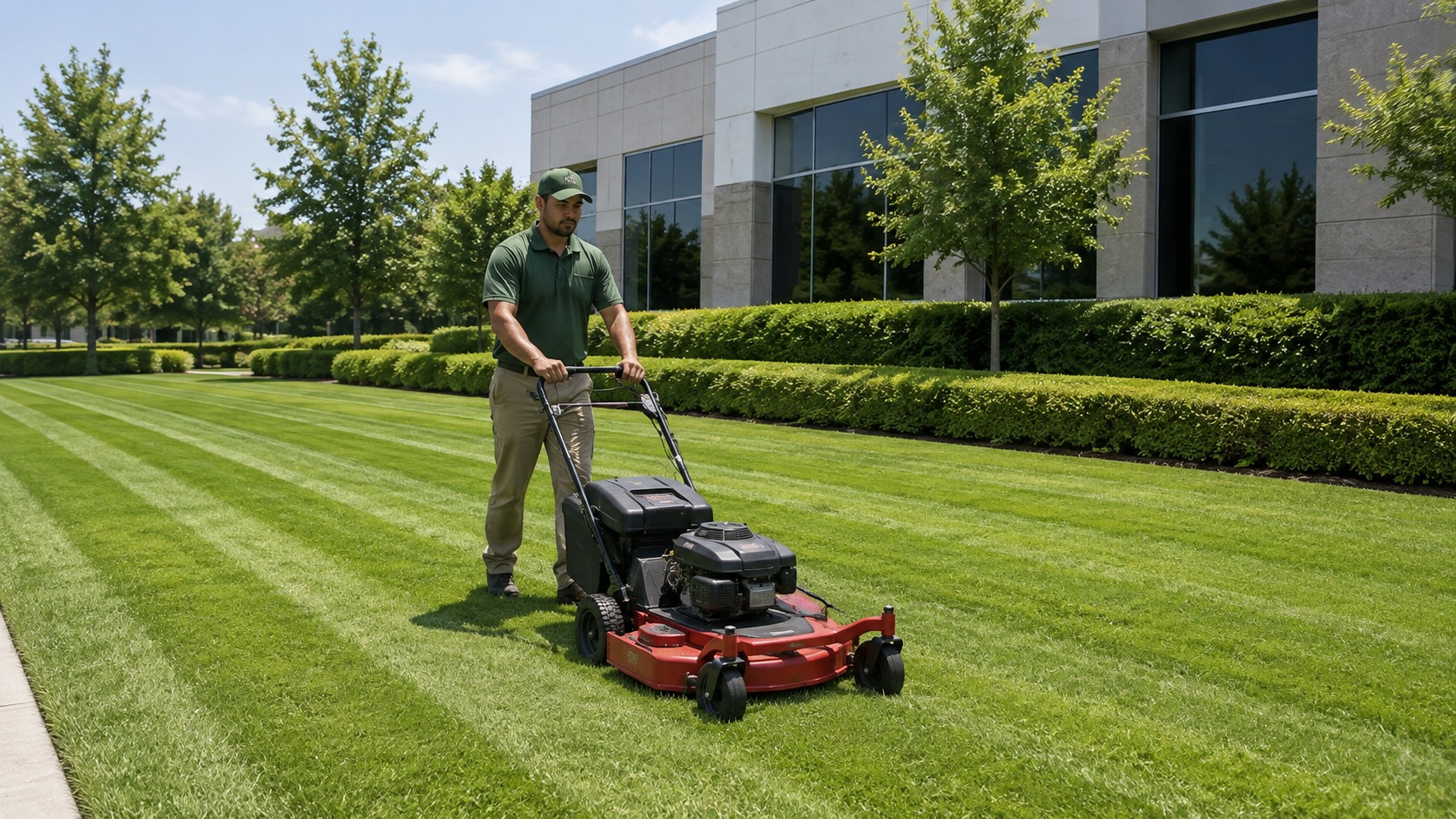 A landscaper pushing a commercial mower across a striped green lawn in front of a commercial property