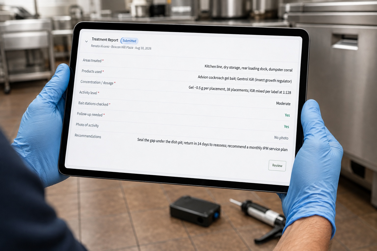 A pest control technician holding a tablet that shows a CrewOS treatment report, kneeling at the base of a commercial kitchen line with a bait applicator gun beside them