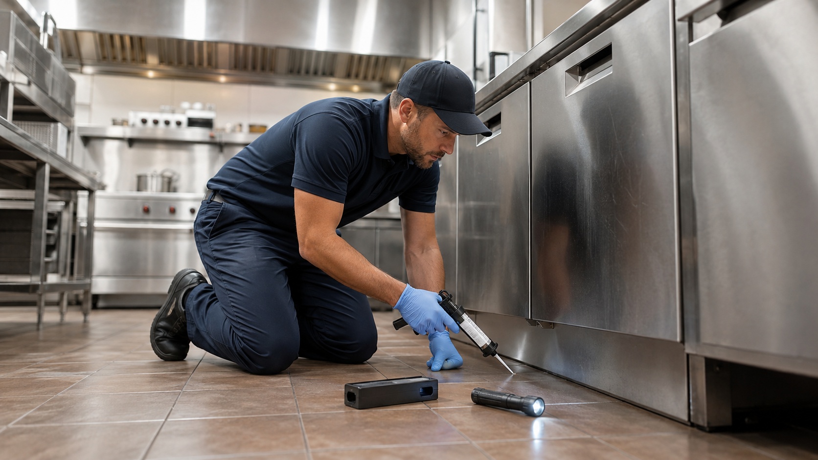 A pest control technician in uniform and gloves applying gel bait along the base of a commercial kitchen line, a bait applicator gun and flashlight in hand