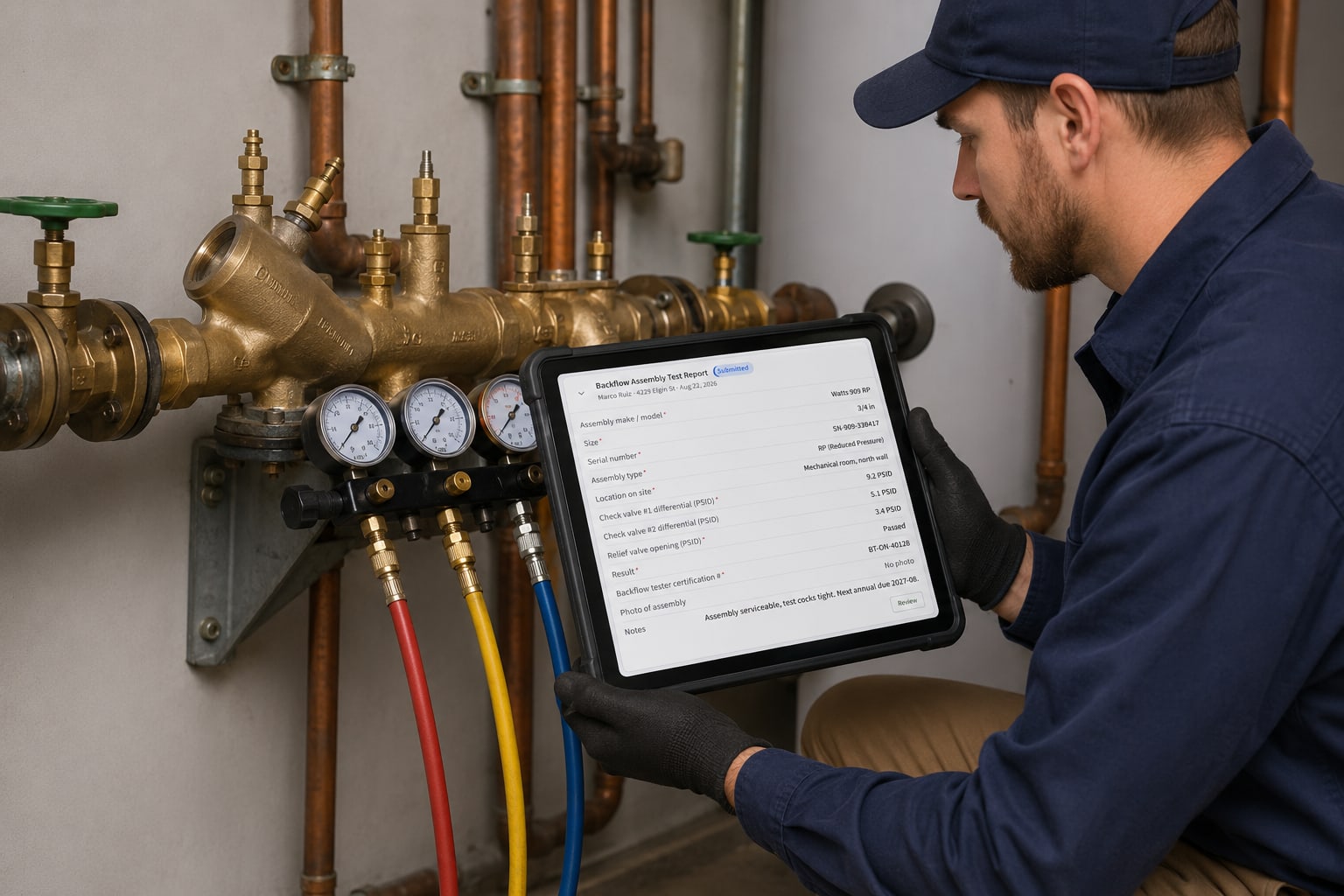A plumber kneeling at a backflow prevention assembly in a mechanical room holding a tablet that shows a CrewOS backflow test report, a differential-pressure test kit connected to the assembly