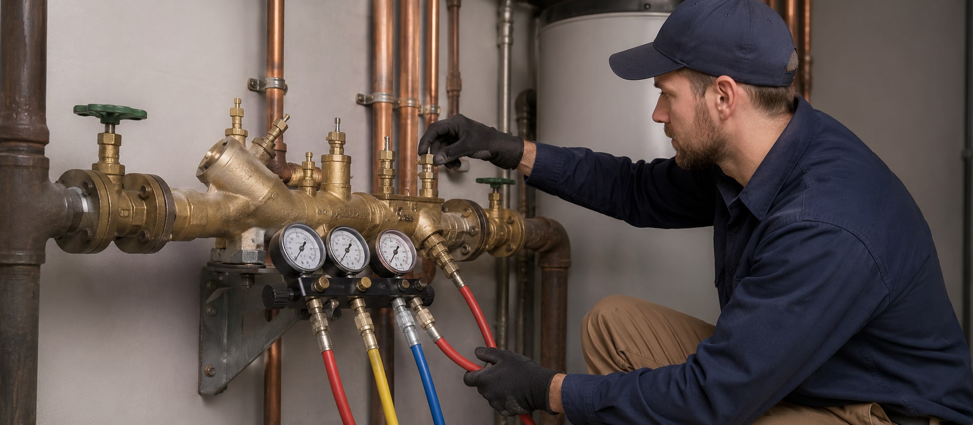 A plumber kneeling at a backflow prevention assembly in a mechanical room, a differential-pressure test kit with gauges connected to the assembly test cocks