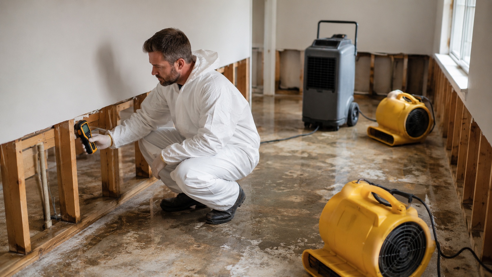 A restoration technician in a protective suit taking a moisture reading on a wall in a water-damaged room, with air movers and a dehumidifier running on the floor