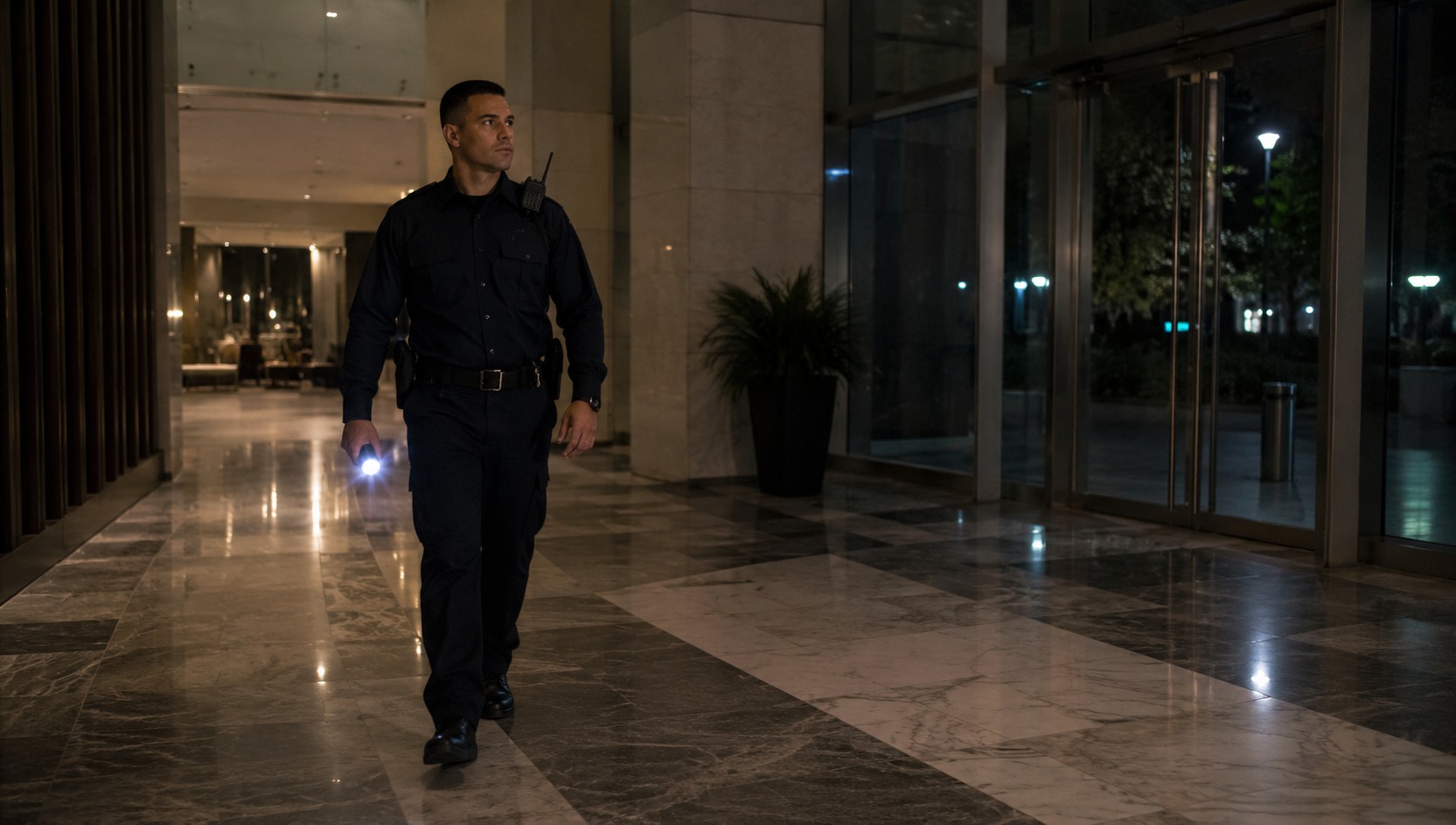 A uniformed security guard on night patrol in a commercial building lobby, a flashlight in hand and a radio on the shoulder