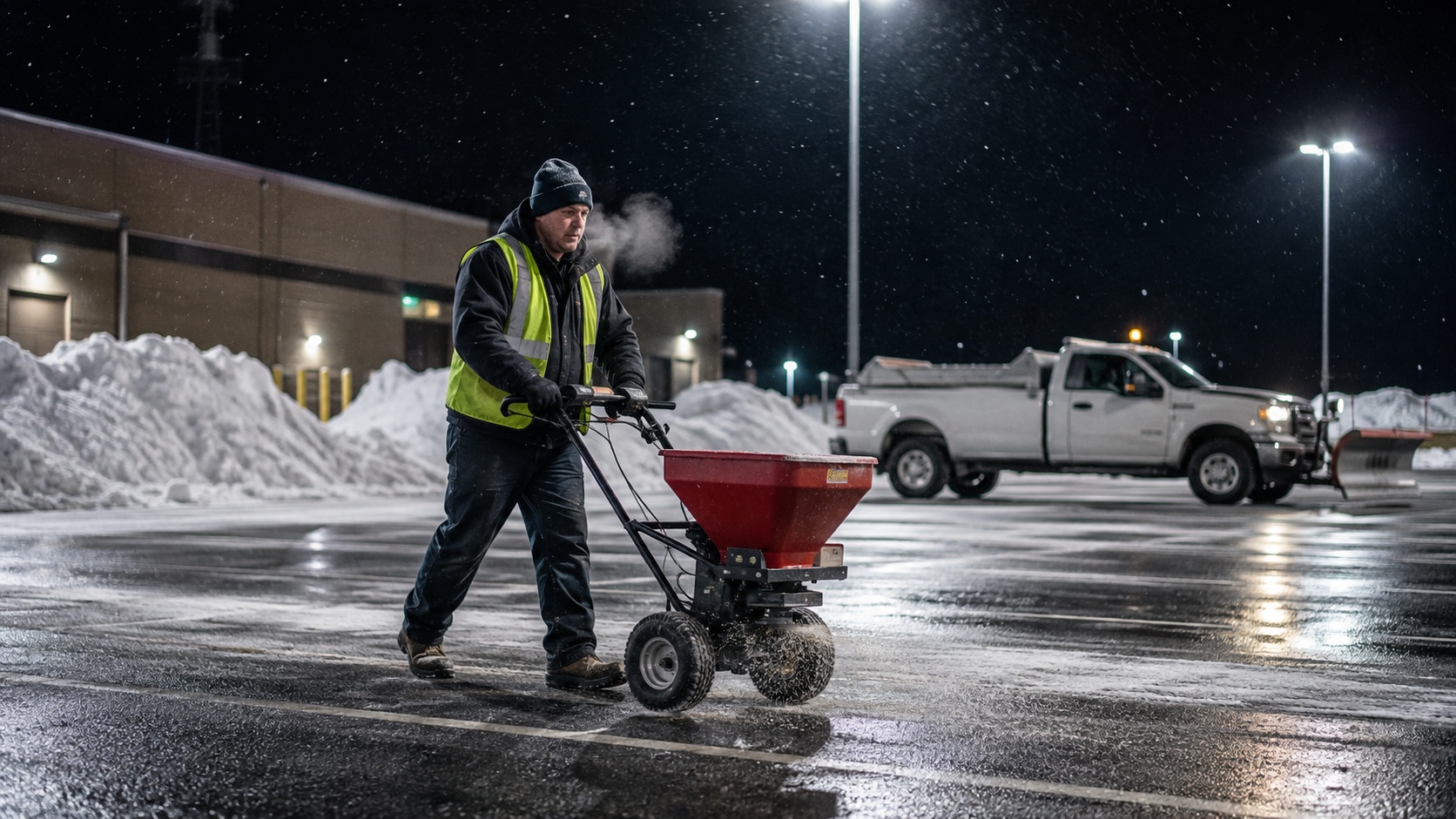 A snow removal operator pushing a walk-behind salt spreader across a cleared commercial parking lot at night, a plow truck and snow piles under the lot lights behind