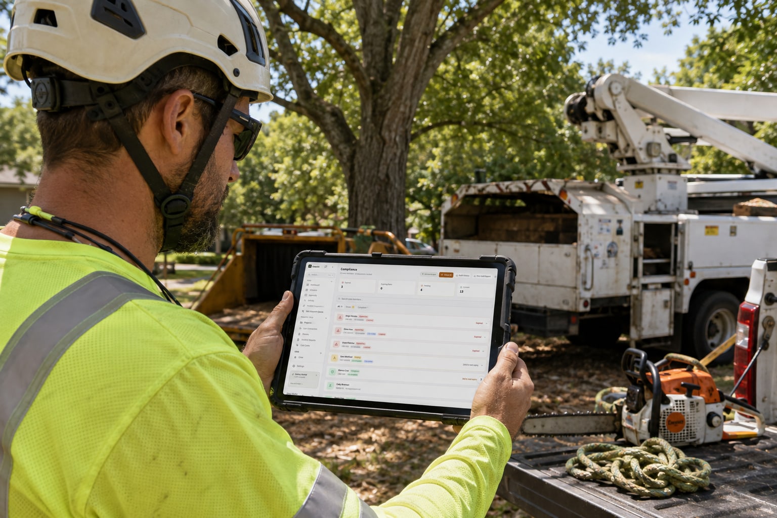 An arborist in a harness high in a tree holding a tablet that shows the CrewOS compliance board tracking each arborist's ISA certification and its expiry