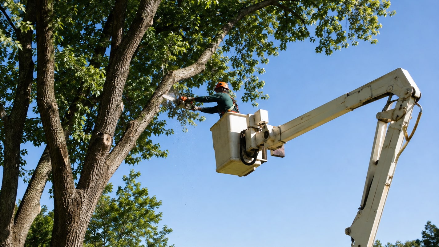 An arborist in a climbing harness and helmet high in a large tree, running a chainsaw on a limb with rigging ropes around the trunk