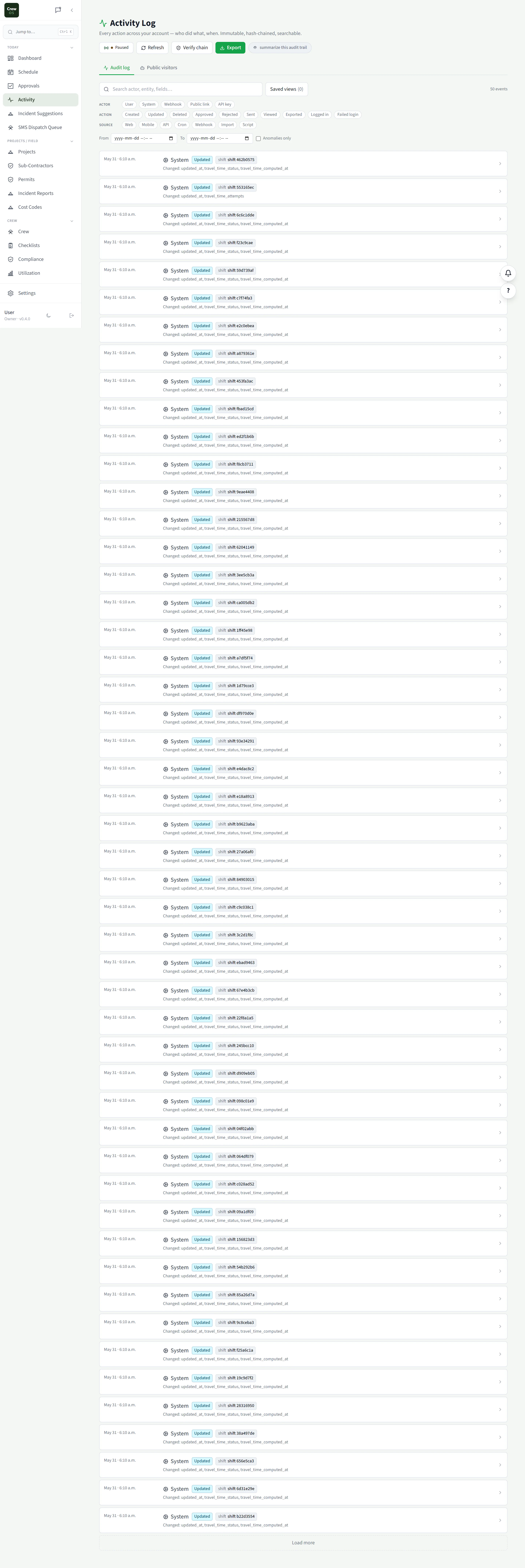 CrewOS Activity log