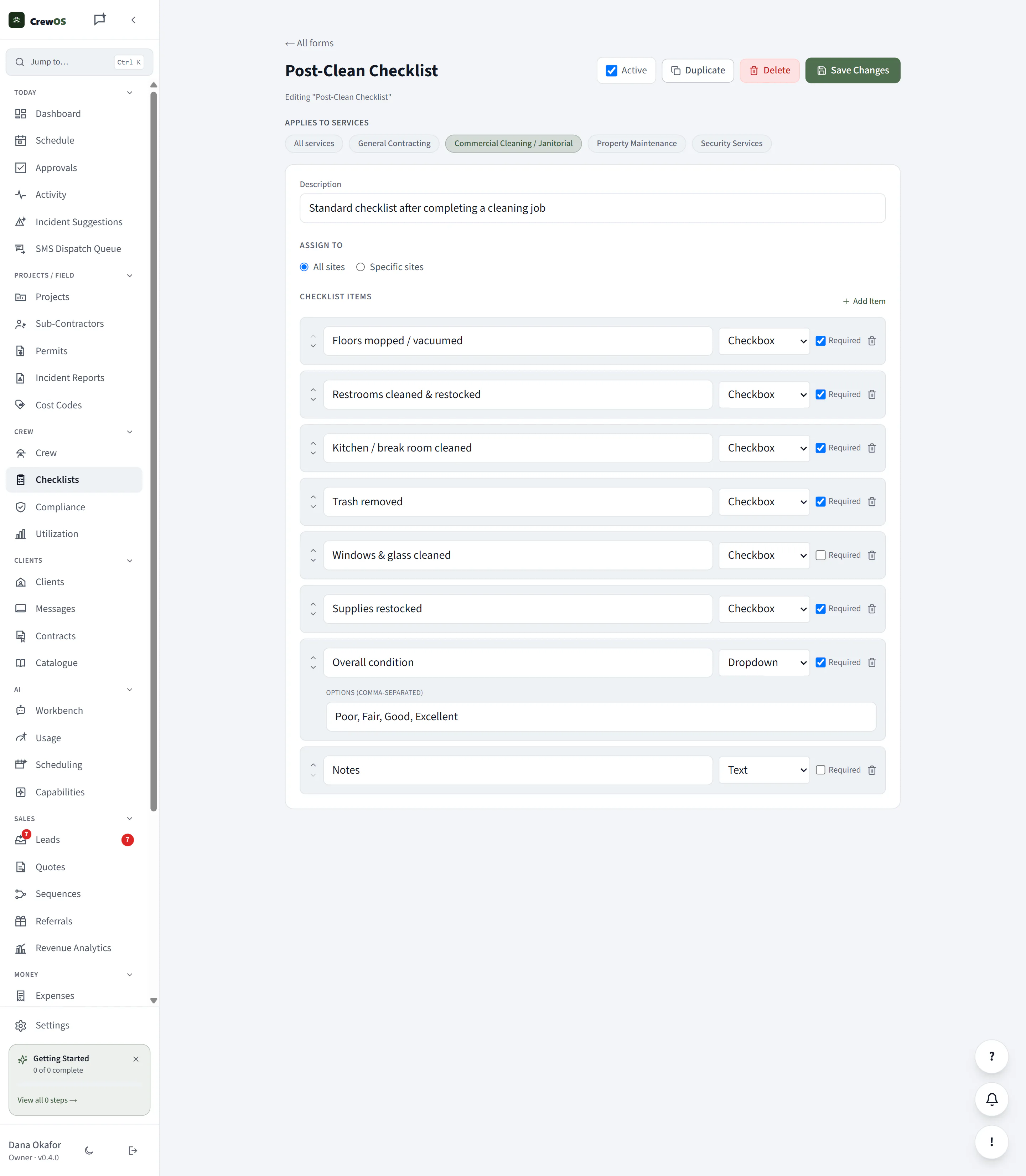 The CrewOS checklist editor showing a Post-Clean Checklist with per-item field types and required flags, scoped to the Commercial Cleaning / Janitorial service.