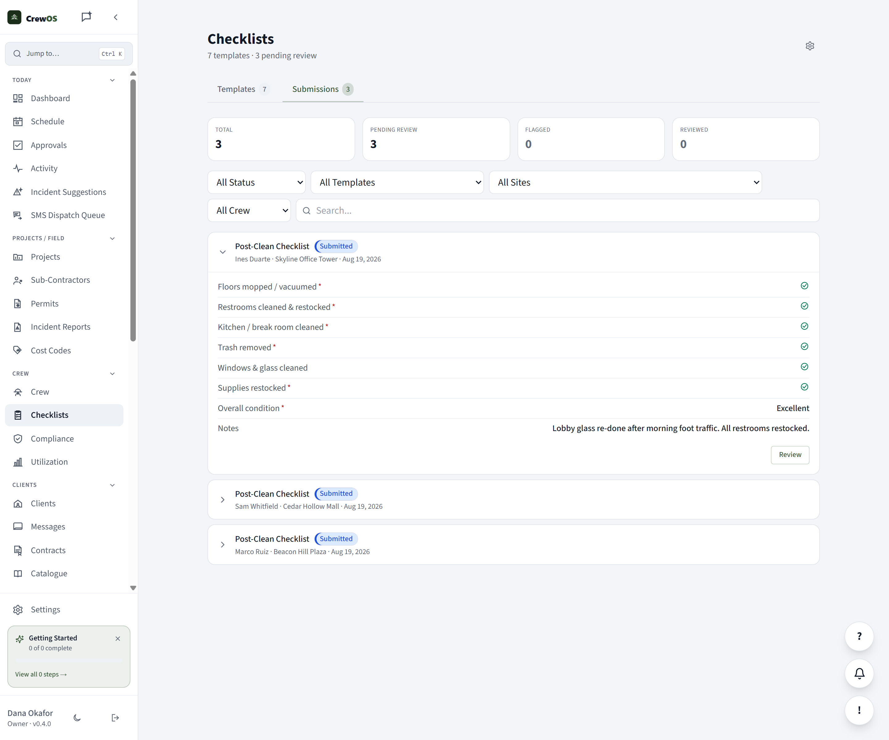 Cleaners submit completion checklists per property, and submissions land in a review queue. Completion becomes evidence you can open, not a claim you take on trust.