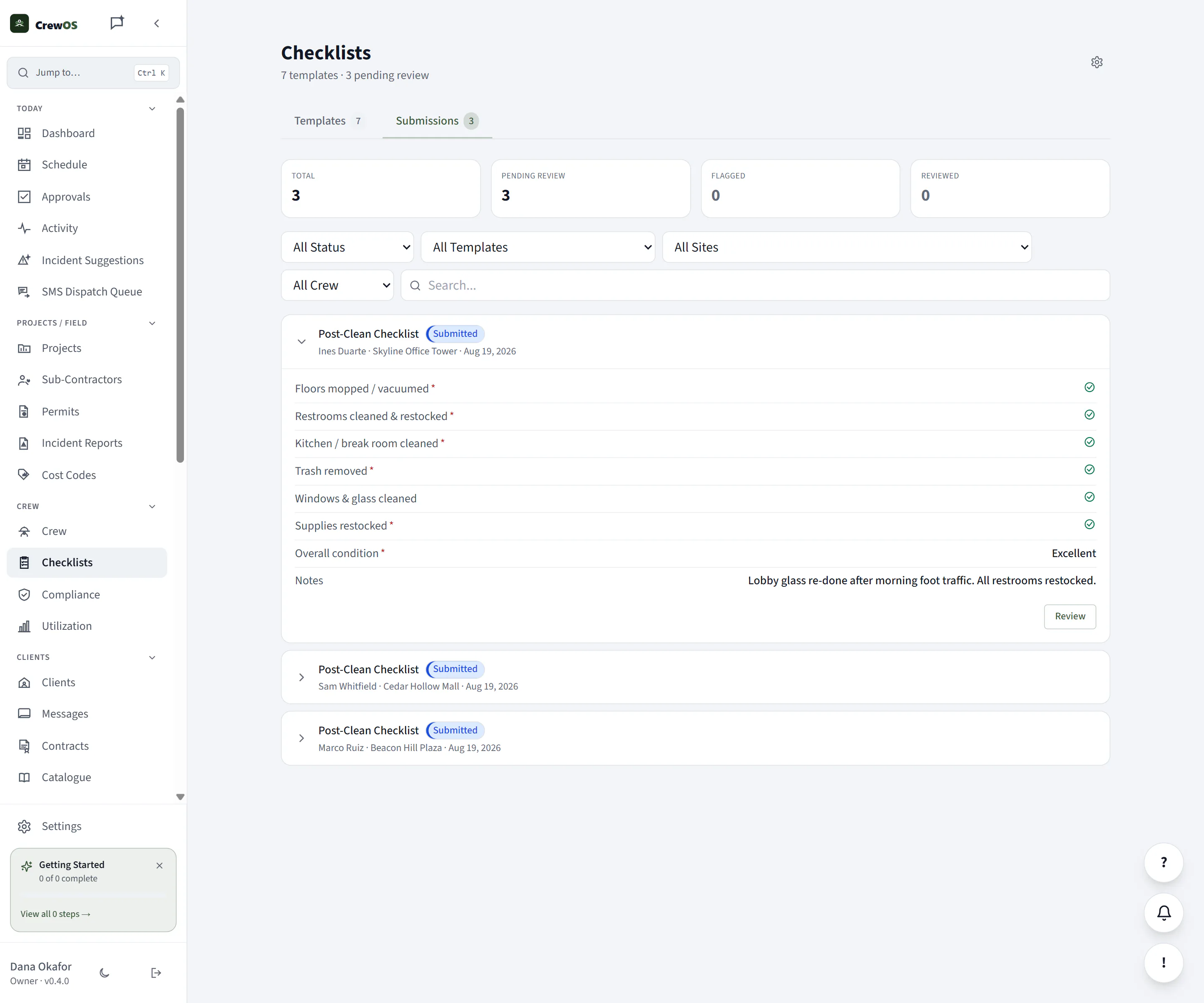 Cleaners submit completion checklists per property, and submissions land in a review queue. Completion becomes evidence you can open, not a claim you take on trust.