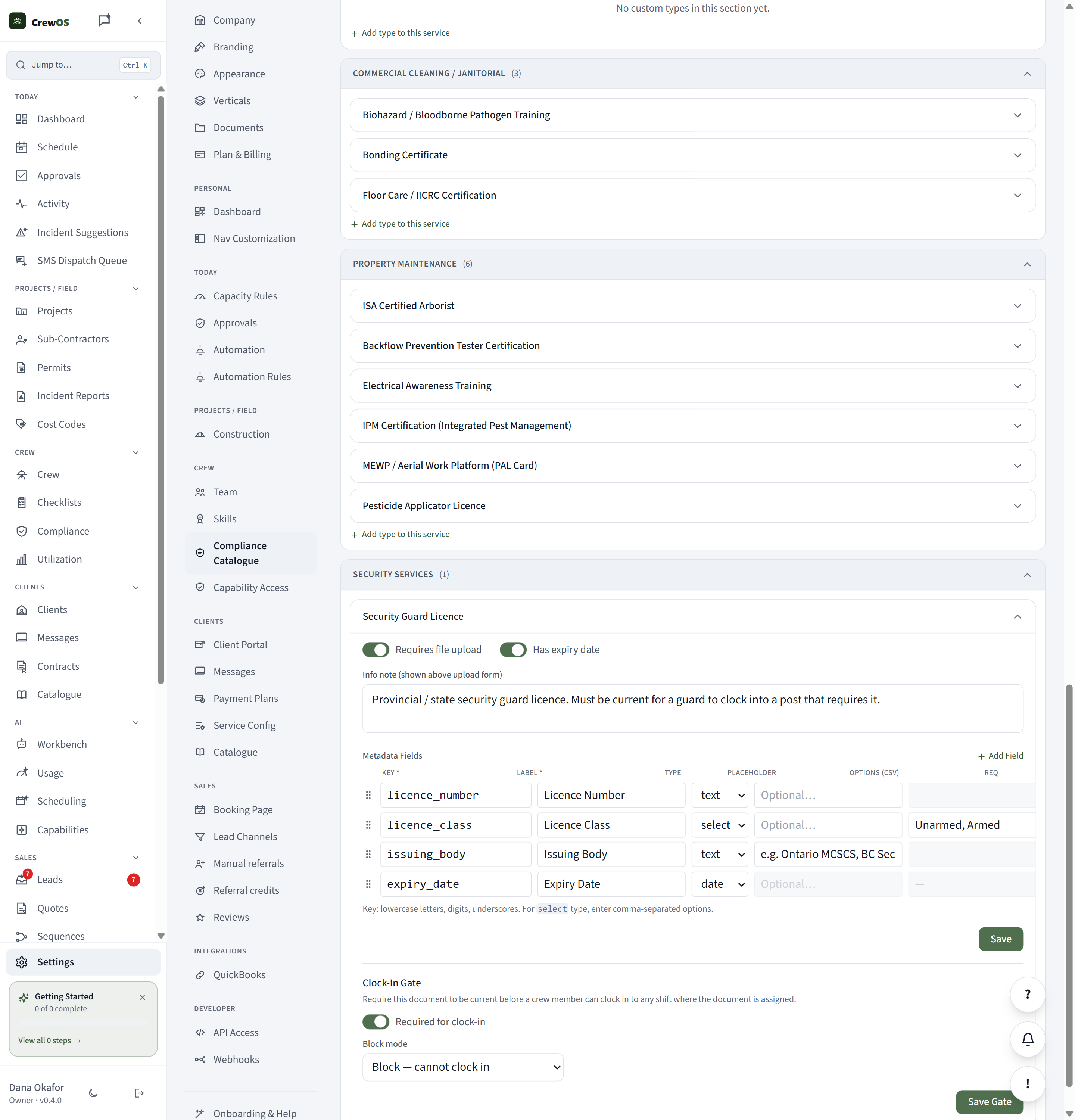 The switch is yours. On the Guard Licence document type you turn on "required for clock-in" and choose whether an out-of-date licence warns or hard-blocks. Set it once, per document, and the gate is live.
