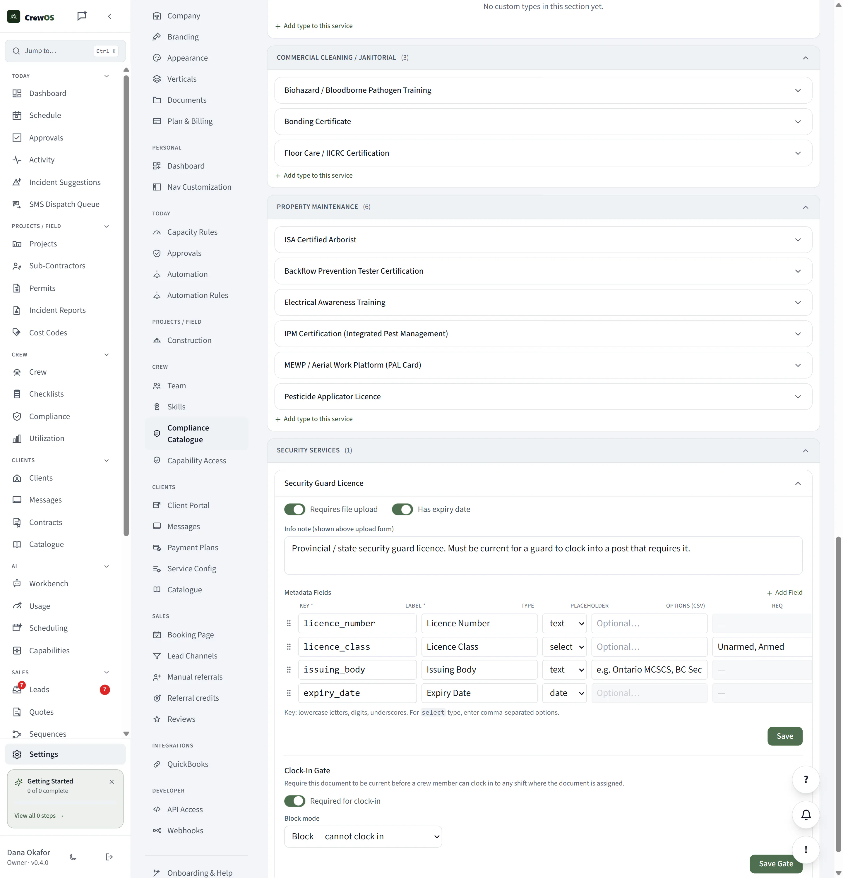 The switch is yours. On the Guard Licence document type you turn on "required for clock-in" and choose whether an out-of-date licence warns or hard-blocks. Set it once, per document, and the gate is live.