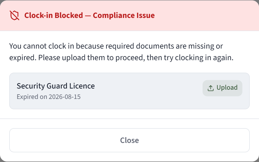 The guard is at the post and taps Clock In. CrewOS refuses it, because the Security Guard Licence that post requires expired on the 15th. This dialog is what the guard gets, in place of a started shift.