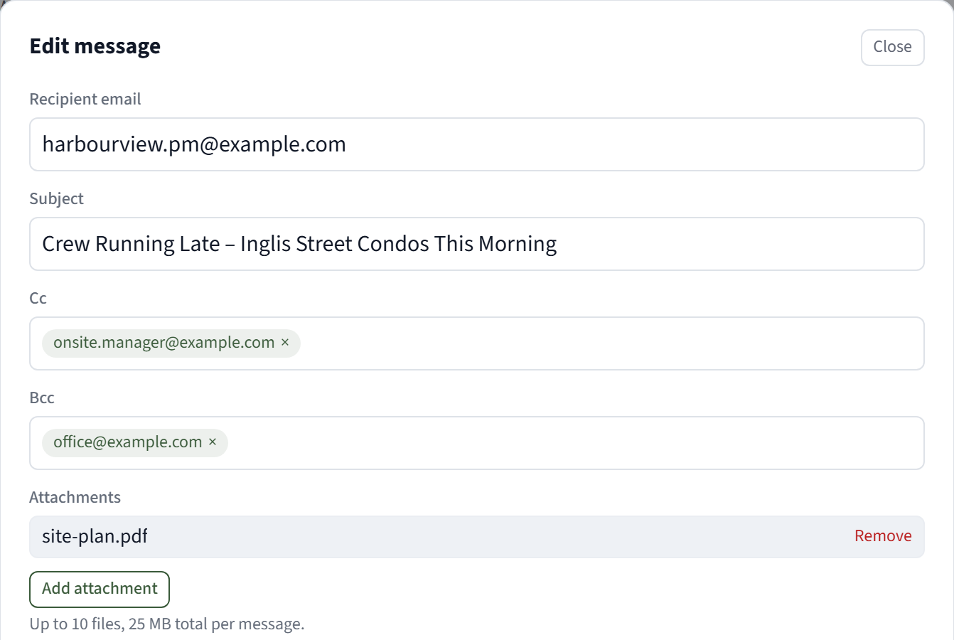 The Edit message dialog for a held email, with the recipient, subject, a Cc address, a Bcc address and an attached site-plan.pdf.