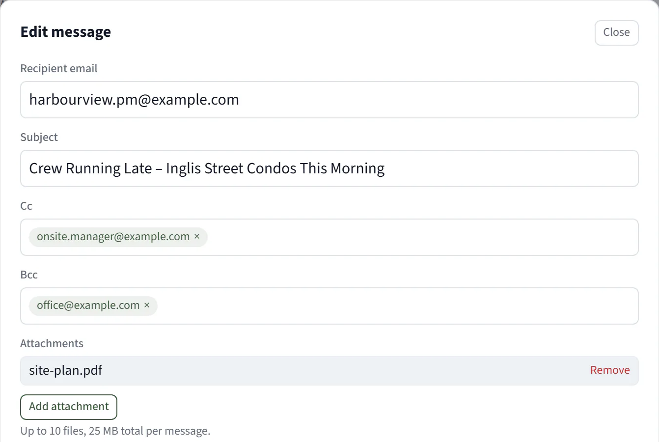 The Edit message dialog for a held email, with the recipient, subject, a Cc address, a Bcc address and an attached site-plan.pdf.