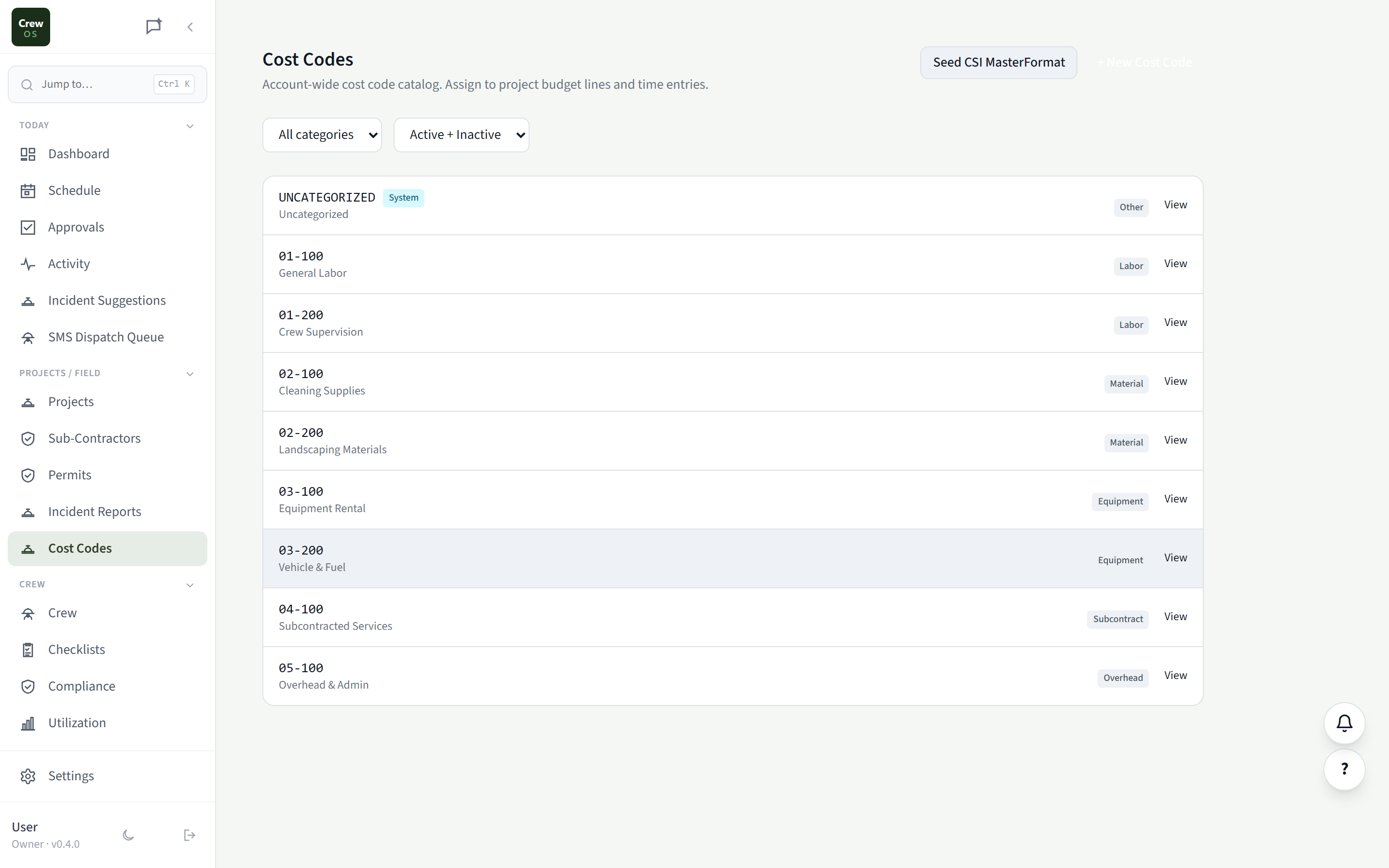 CrewOS Cost Codes