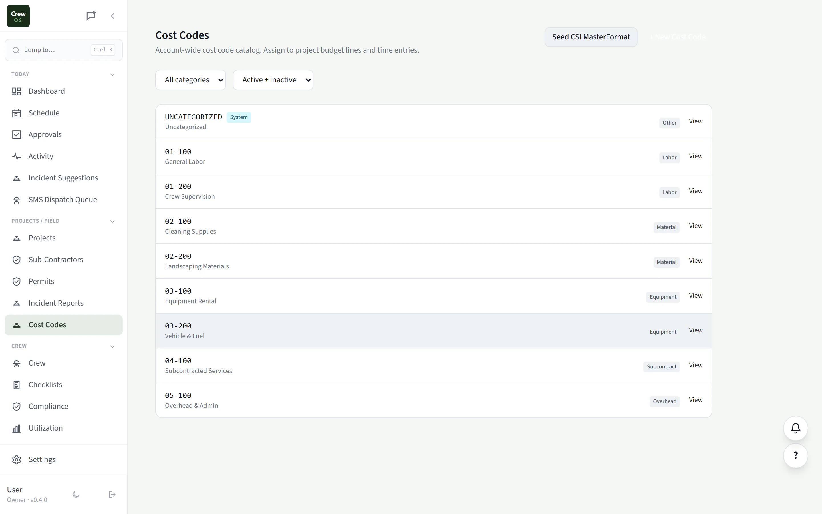 The CrewOS Cost Codes screen: an account-wide cost code catalogue with labour, material, equipment, subcontract and overhead categories.