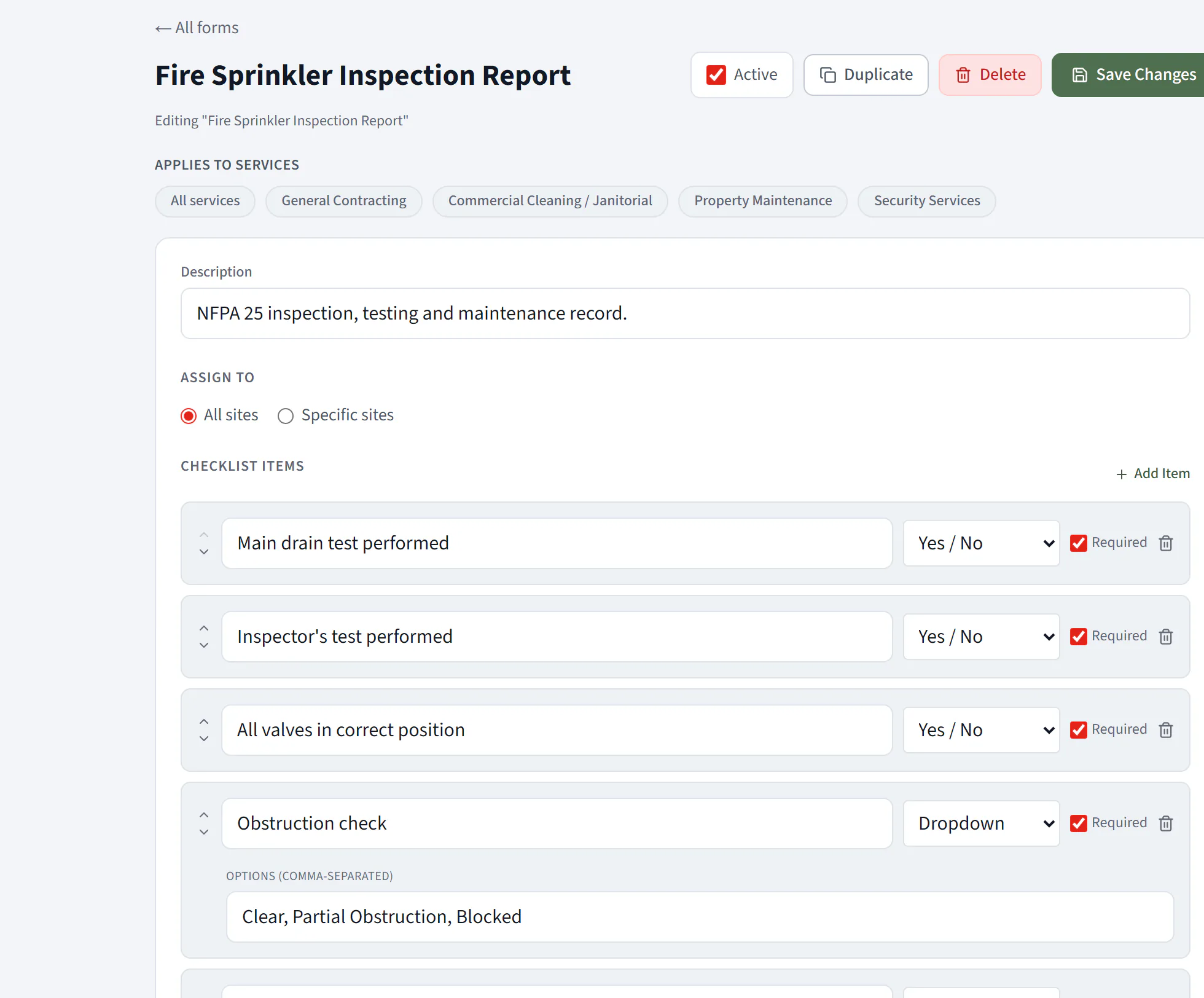 You build the inspection report. Add the ITM checks your systems and jurisdiction require, set the input for each and which are required, and it is the report every inspector fills from the field.