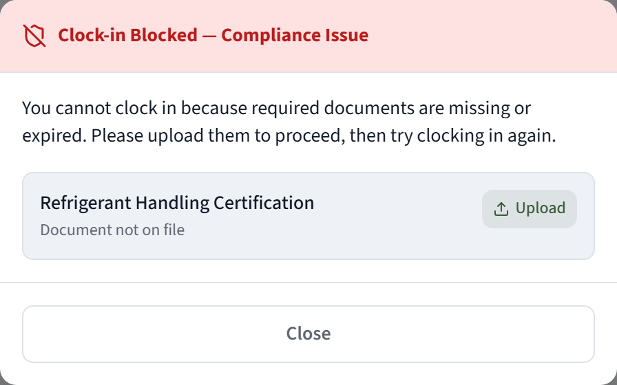 The technician is at the service location and taps Clock In. CrewOS refuses it, because the Refrigerant Handling Certification that call requires is not on file. This dialog is what the technician gets, in place of a started job.