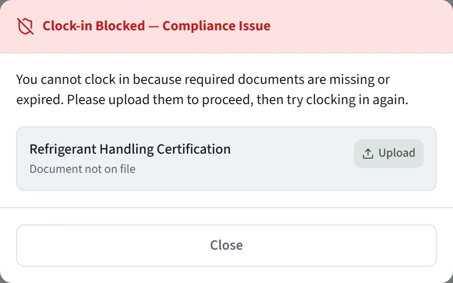 The technician is at the service location and taps Clock In. CrewOS refuses it, because the Refrigerant Handling Certification that call requires is not on file. This dialog is what the technician gets, in place of a started job.