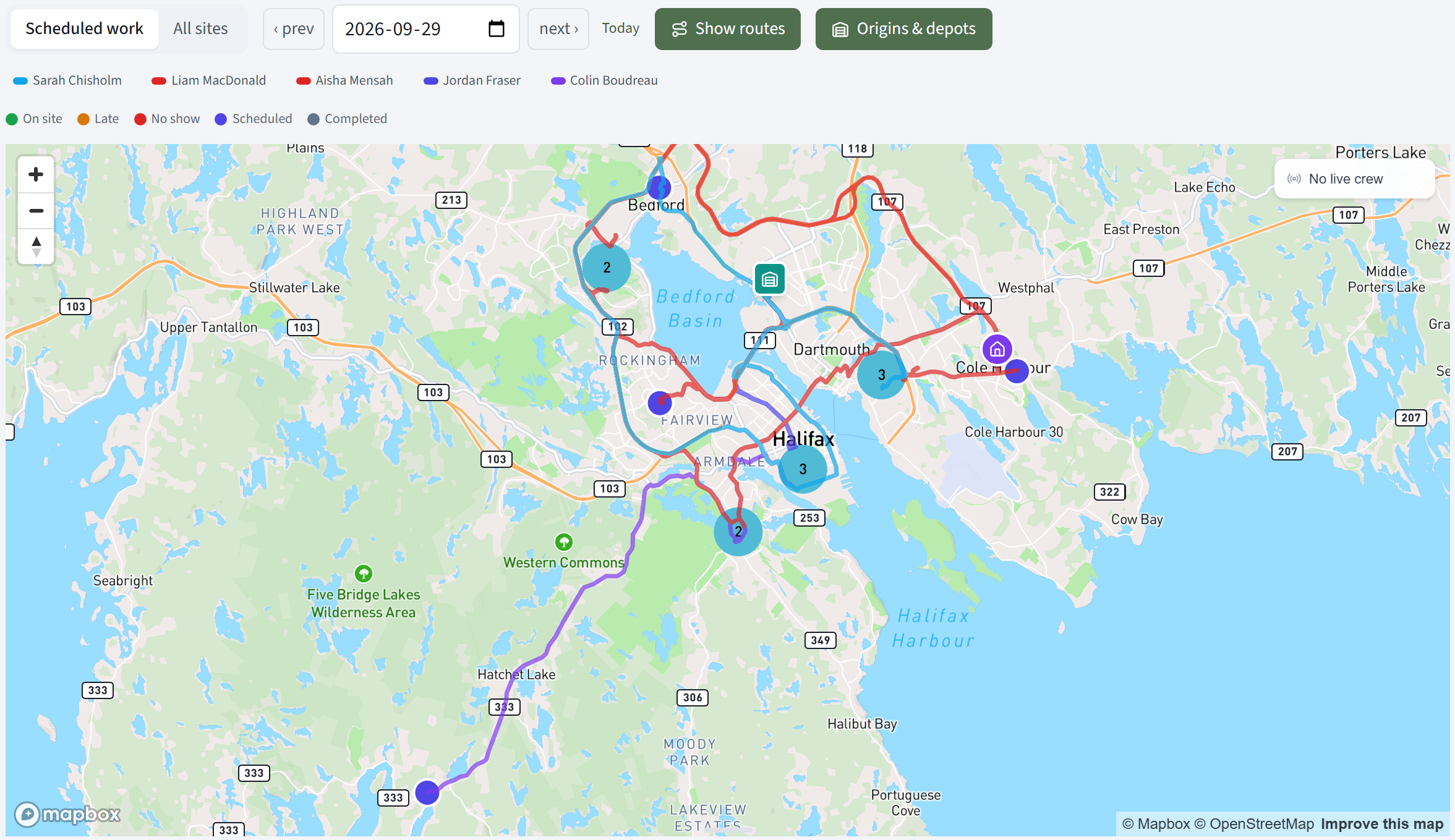 The Schedule map with Show routes on, each crew's day drawn along real roads across Halifax, Dartmouth and Bedford in its own colour.