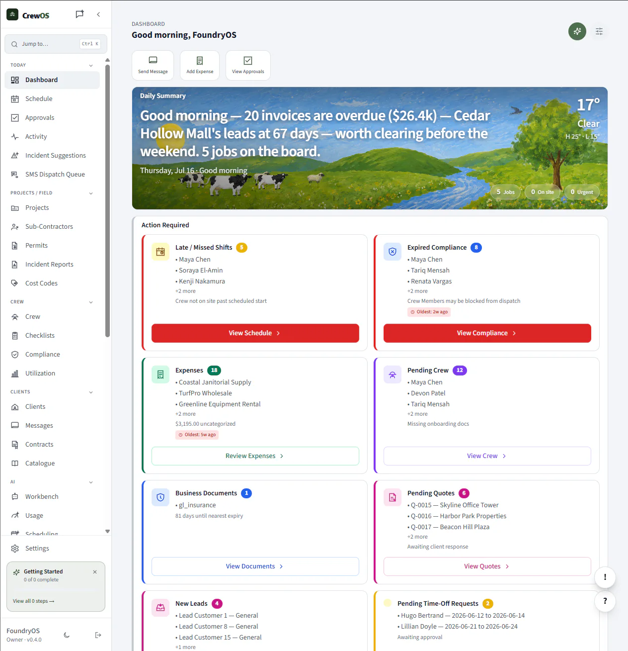 The CrewOS owner dashboard: a daily summary and an Action Required grid.
