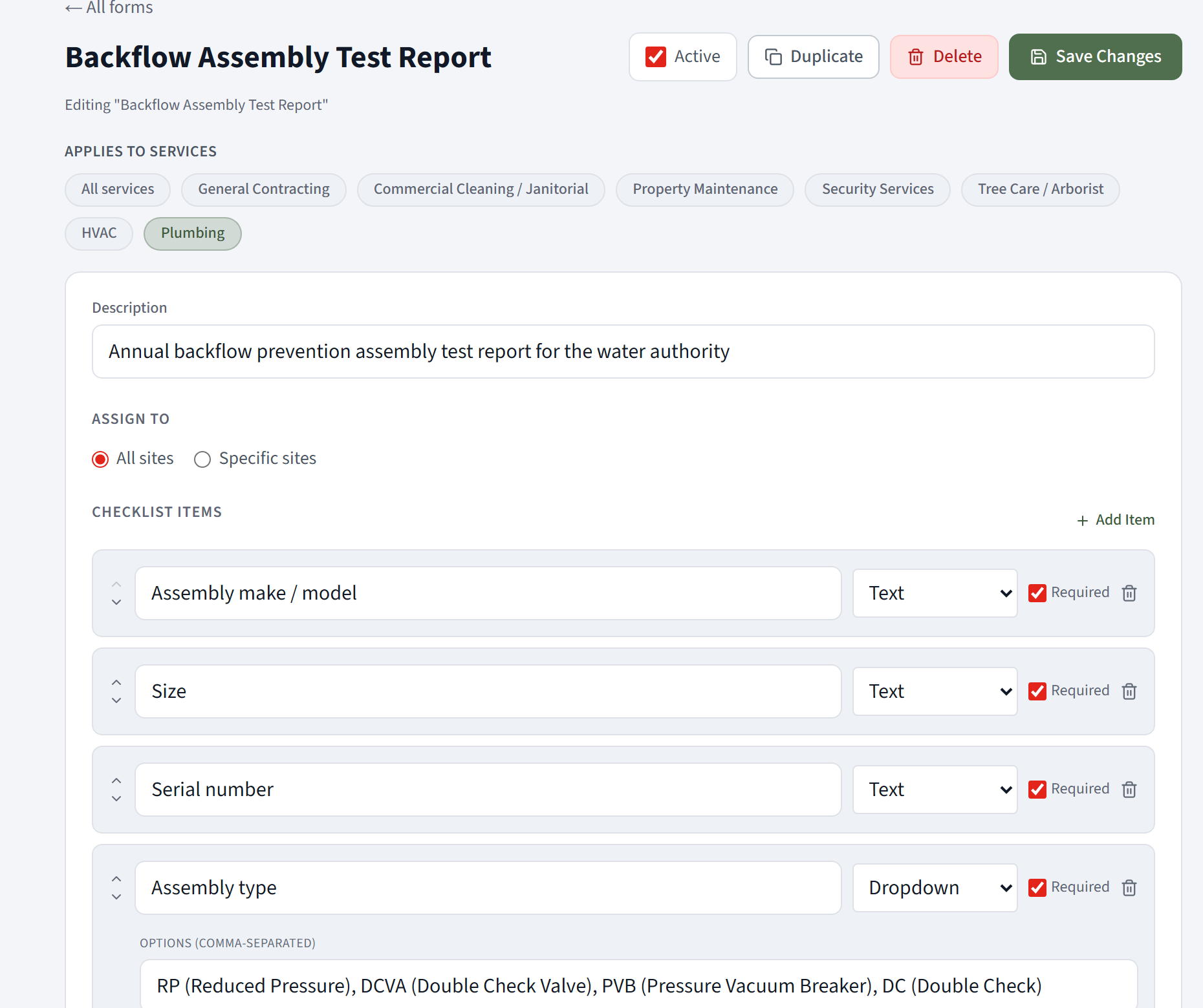 You build the test report. The fields a backflow test turns on, the assembly details, the differential reading per check, the relief valve opening, the pass or fail, and the tester's certification, set once and captured on every test.
