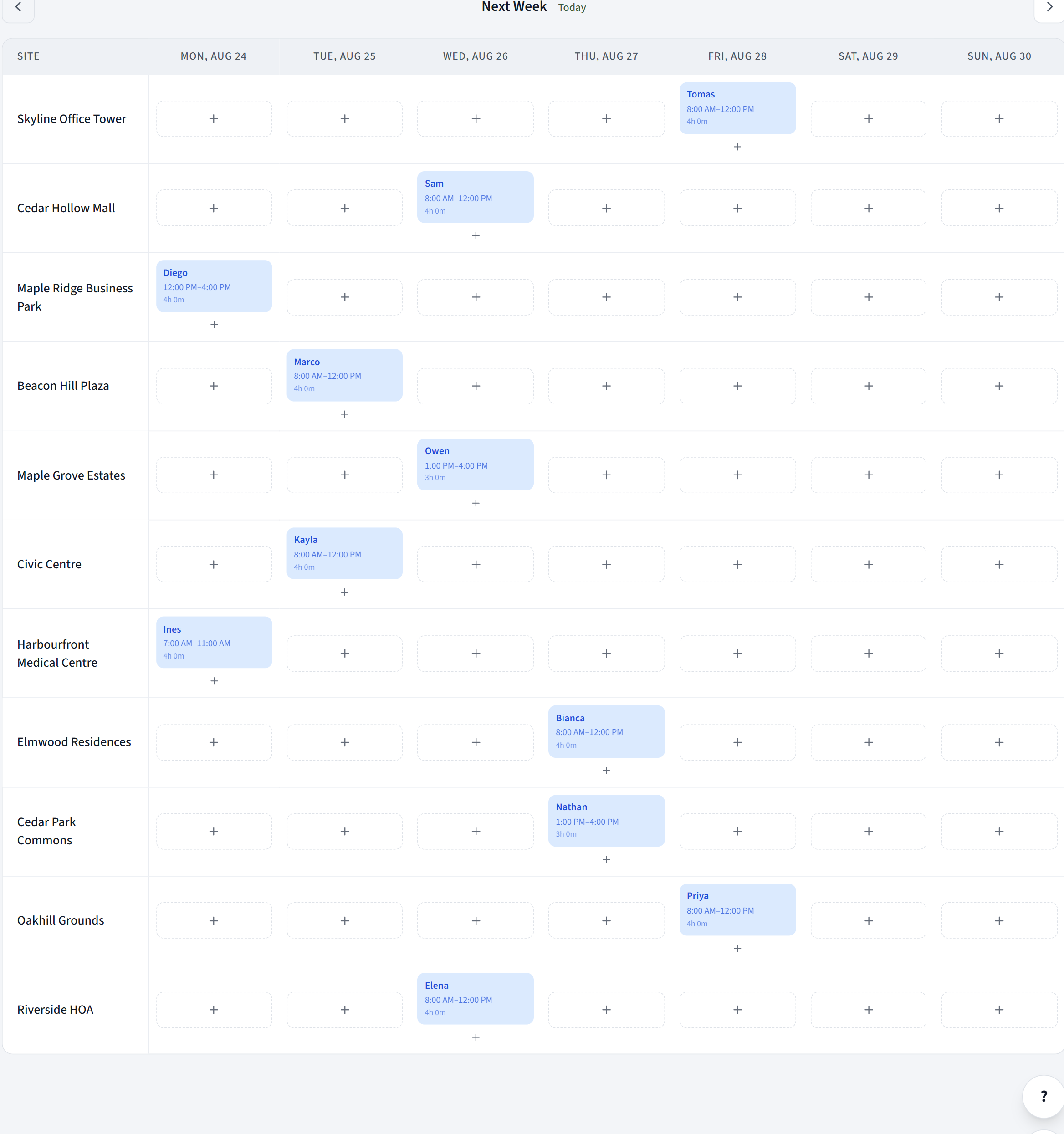 One week across the portfolio. Every building has its recurring visit on the board, each generated from that building's cadence, each with a technician assigned. Nobody booked these by hand.