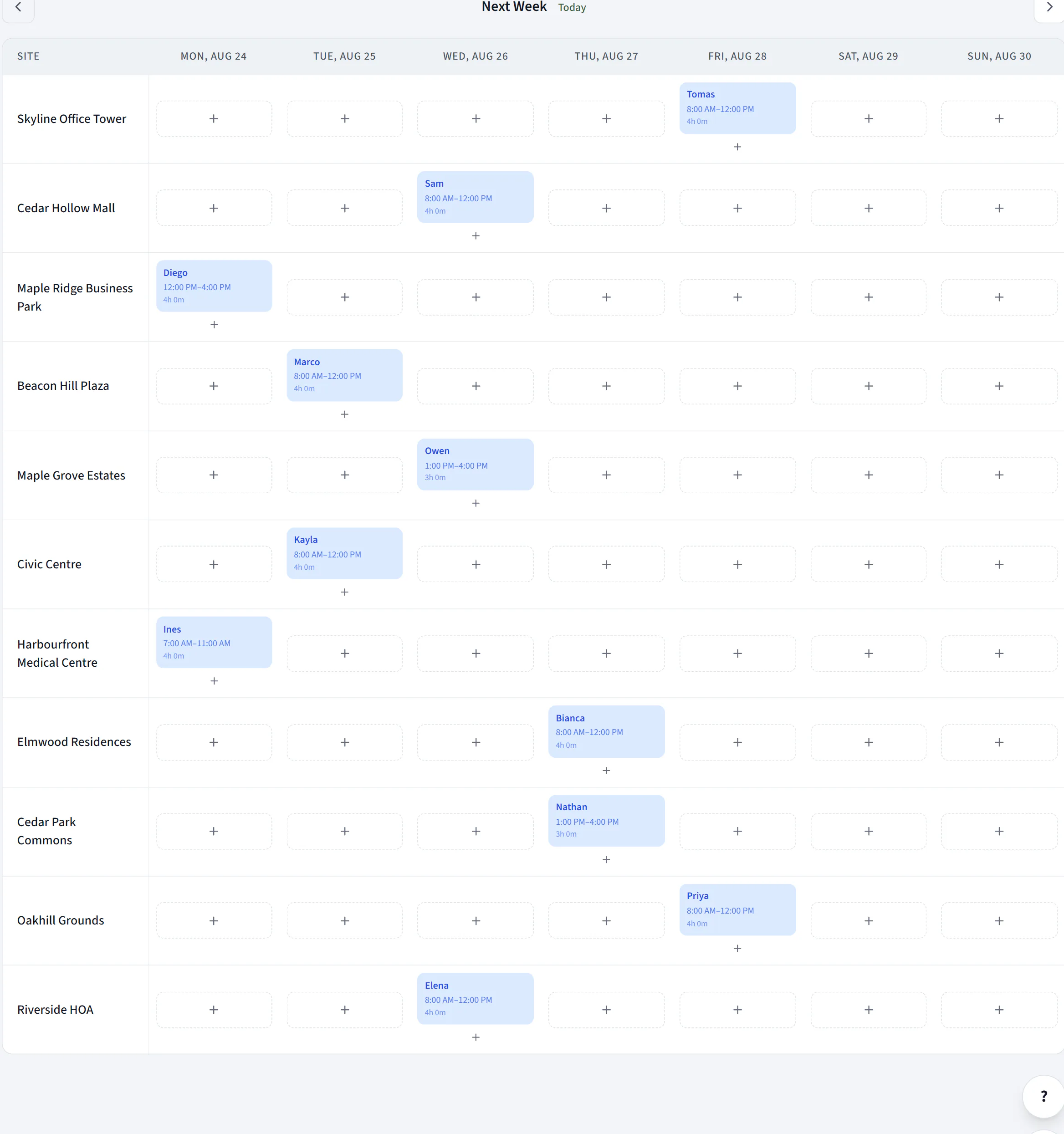 One week across the portfolio. Every building has its recurring visit on the board, each generated from that building's cadence, each with a technician assigned. Nobody booked these by hand.