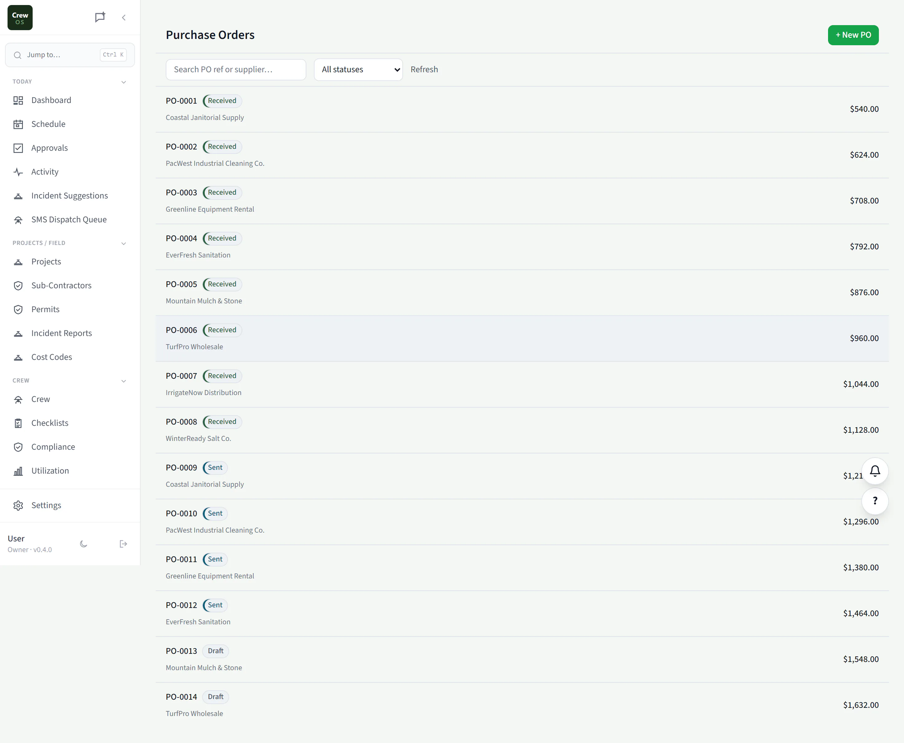 CrewOS Purchase Orders