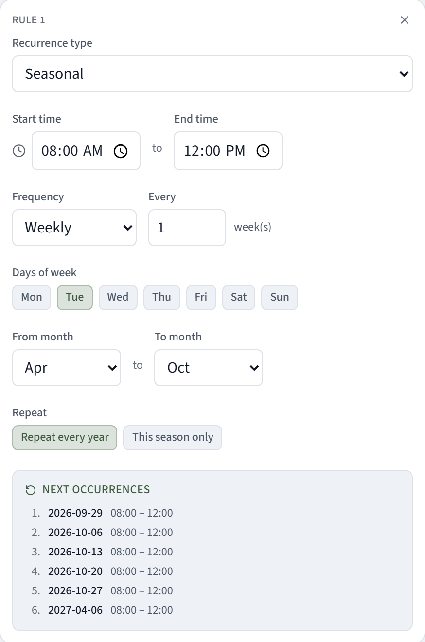 The recurrence editor set to Seasonal: Tuesdays, April to October, repeat every year, with a next-occurrences list that picks back up the following April.