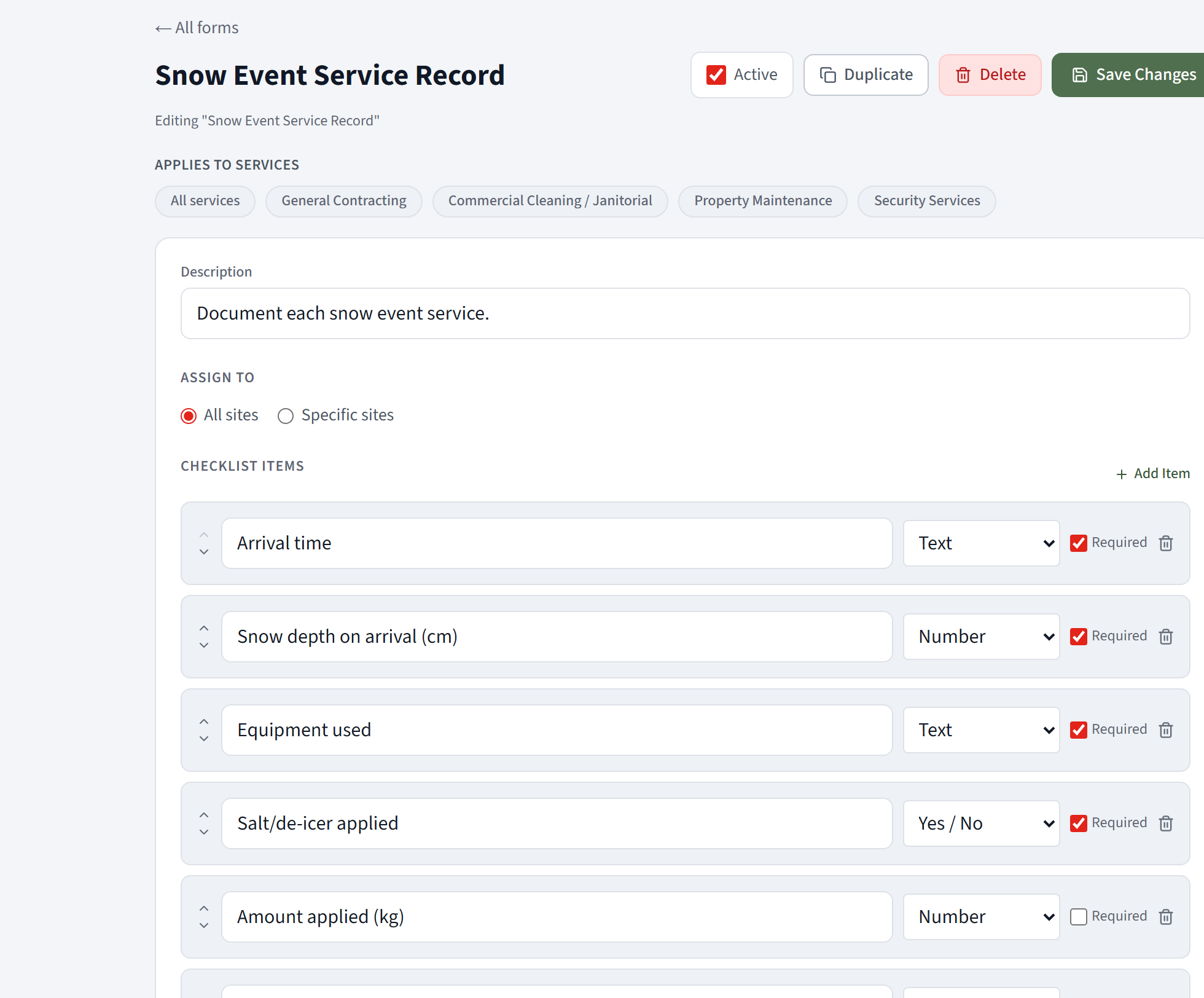 You build the service record. The fields that defend a claim, arrival and completion time, snow depth, salt applied, sidewalks, and a photo, set once and captured on every property, every event.