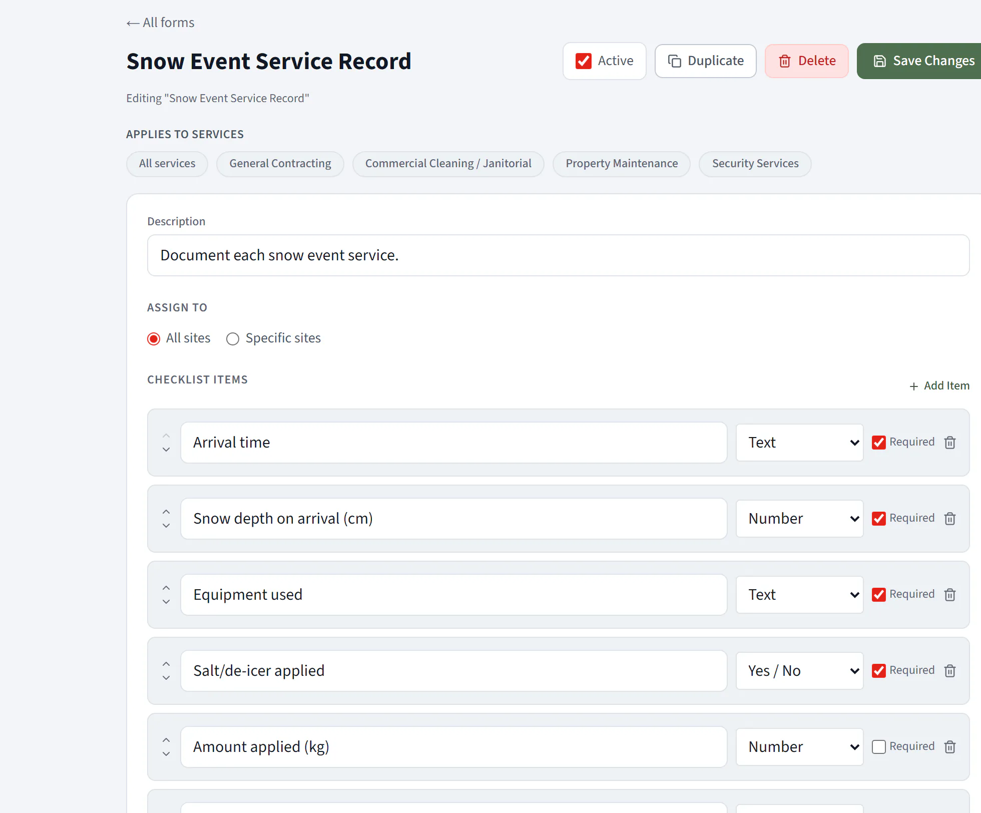 You build the service record. The fields that defend a claim, arrival and completion time, snow depth, salt applied, sidewalks, and a photo, set once and captured on every property, every event.