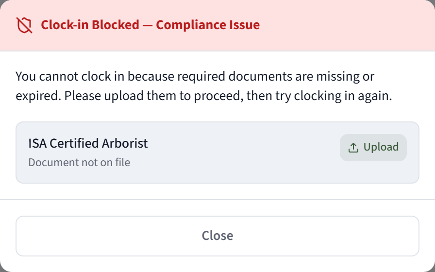 The arborist is at the property and taps Clock In. CrewOS refuses it, because the ISA Certified Arborist qualification that job requires is not on file. This dialog is what the crew gets, in place of a started job.