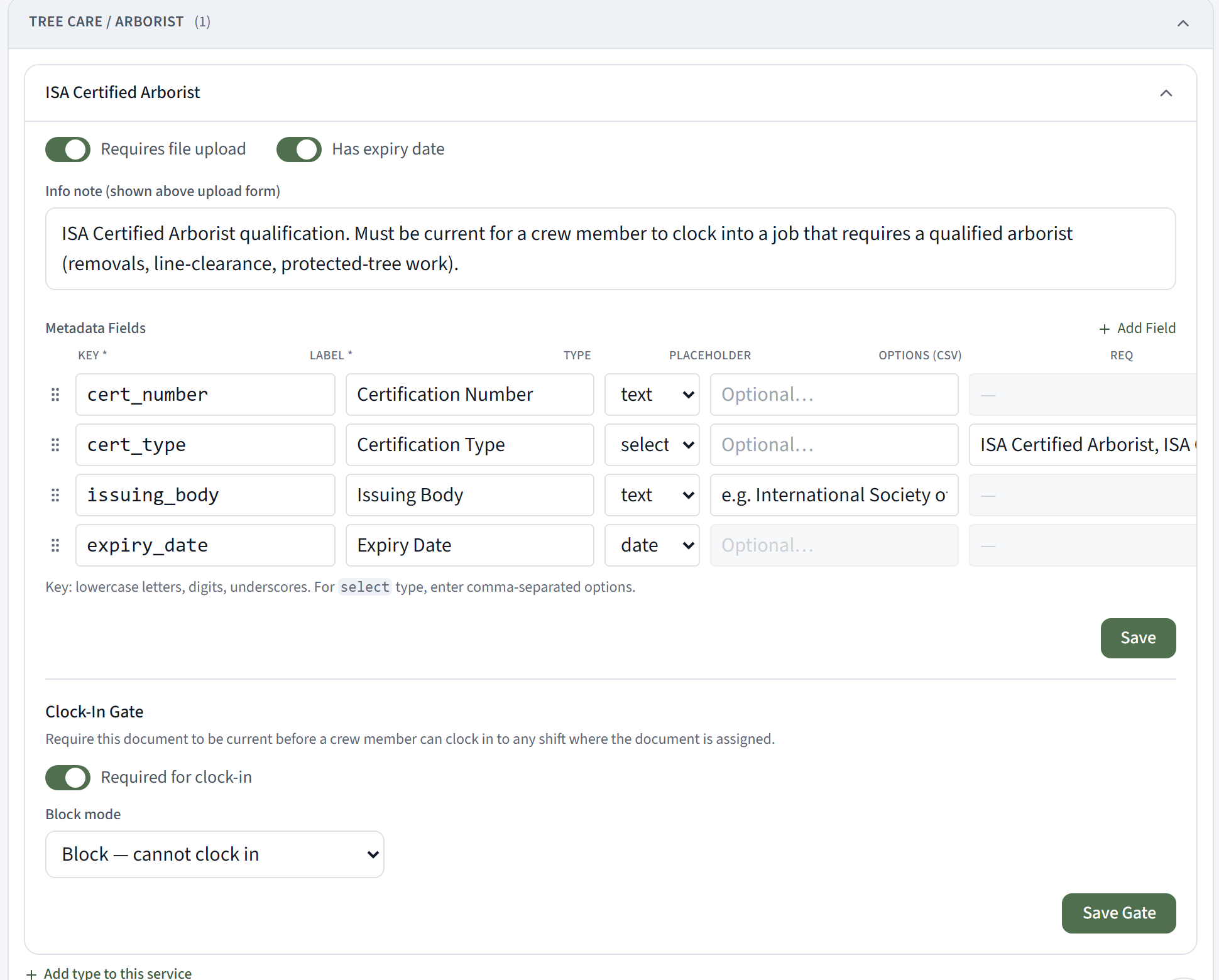 The switch is yours. On the ISA Certified Arborist document type you turn on "required for clock-in" and choose whether a lapsed certification warns or hard-blocks. Set it once, and the gate is live on every job that carries it.