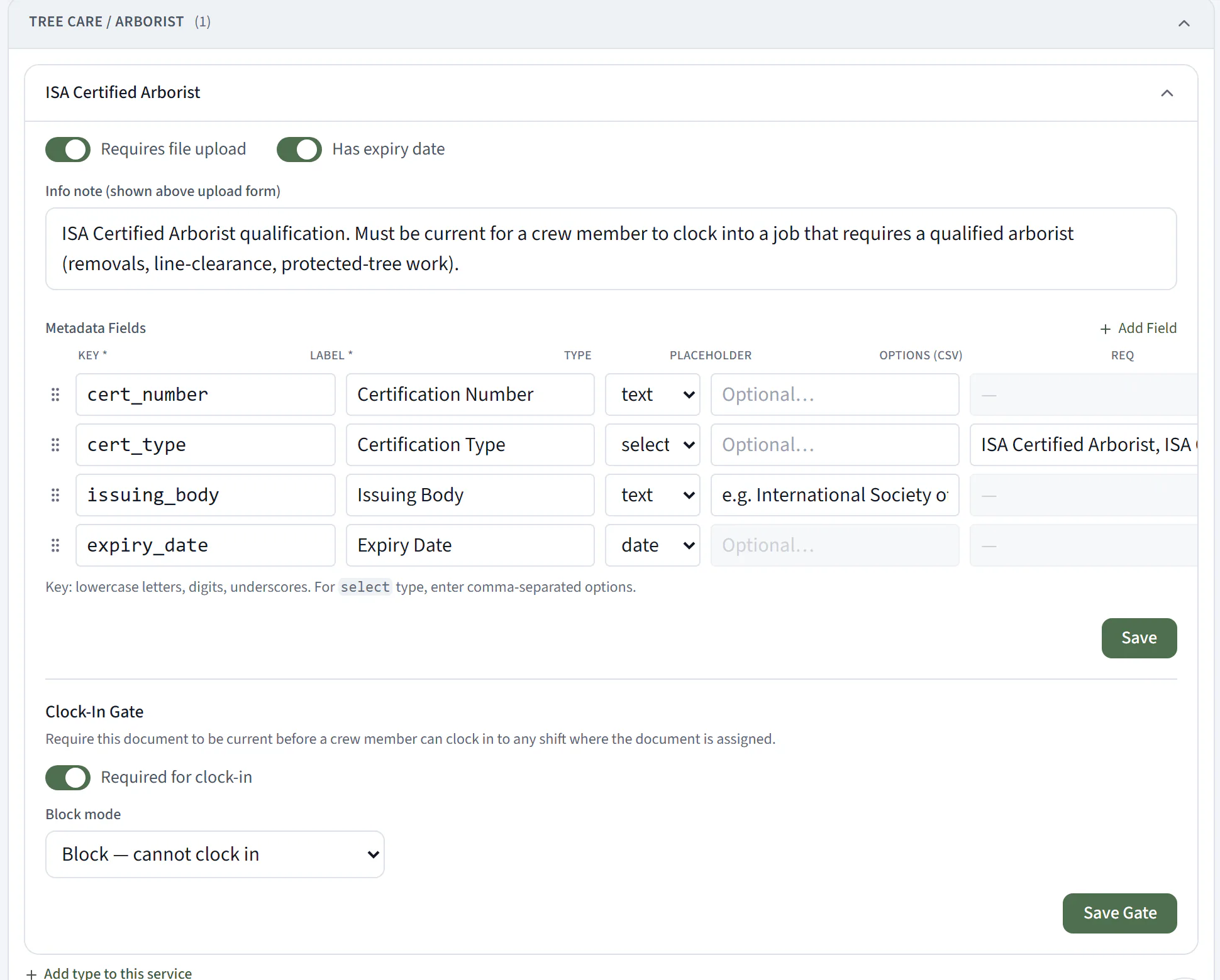 The switch is yours. On the ISA Certified Arborist document type you turn on "required for clock-in" and choose whether a lapsed certification warns or hard-blocks. Set it once, and the gate is live on every job that carries it.